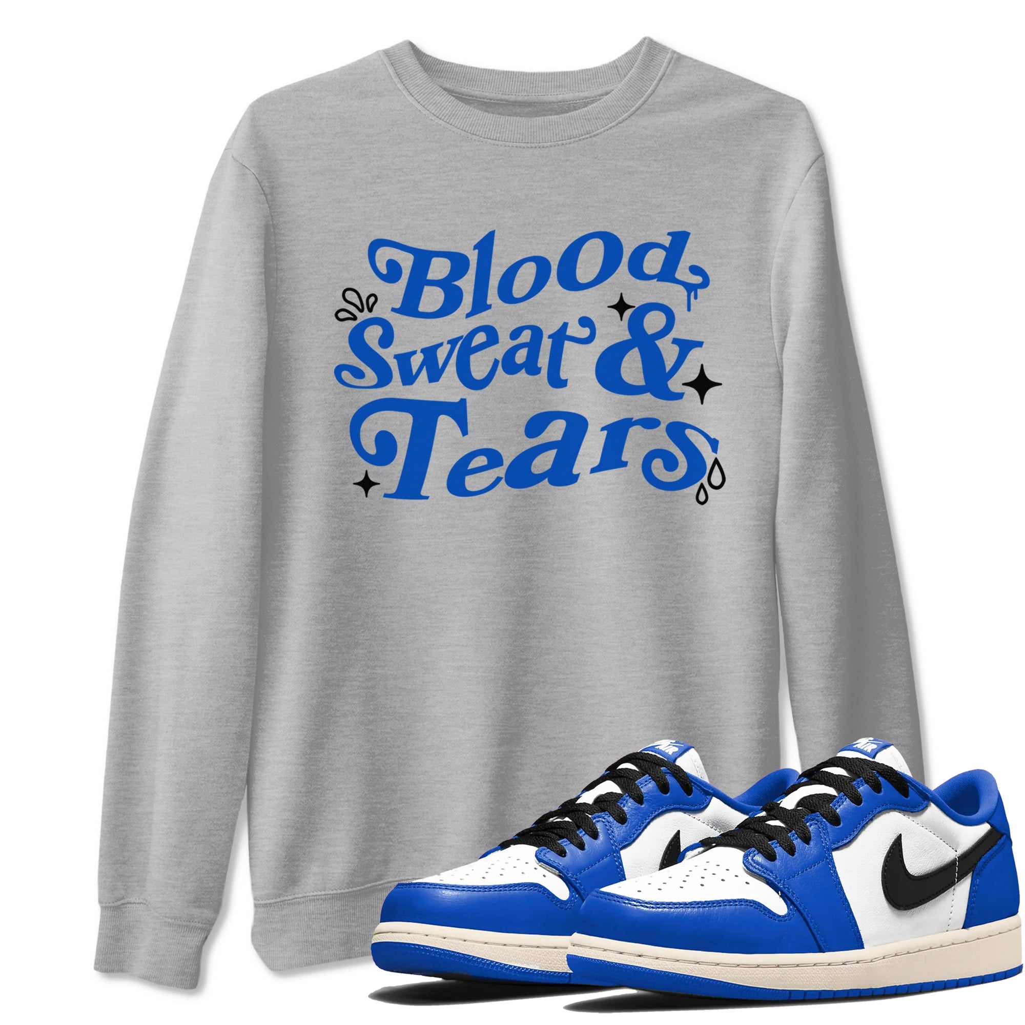1s Game Royal shirts to match jordans Blood Sweat Tears sneaker match tees Air Jordan 1 Game Royal match shoes to clothes Drip Gear Zone unisex cotton Heather Grey 1 shirts