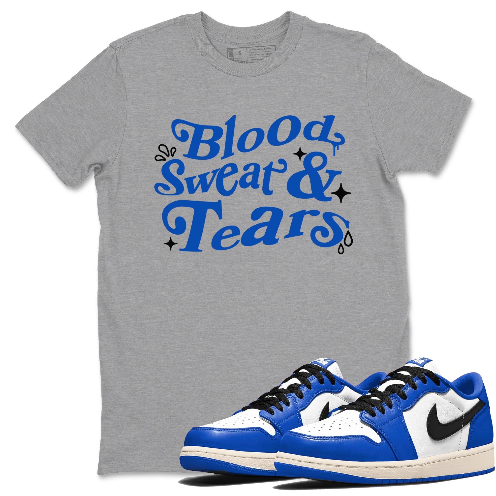 1s Game Royal shirts to match jordans Blood Sweat Tears sneaker match tees Air Jordan 1 Game Royal match shoes to clothes Drip Gear Zone unisex cotton Heather Grey 1 shirts
