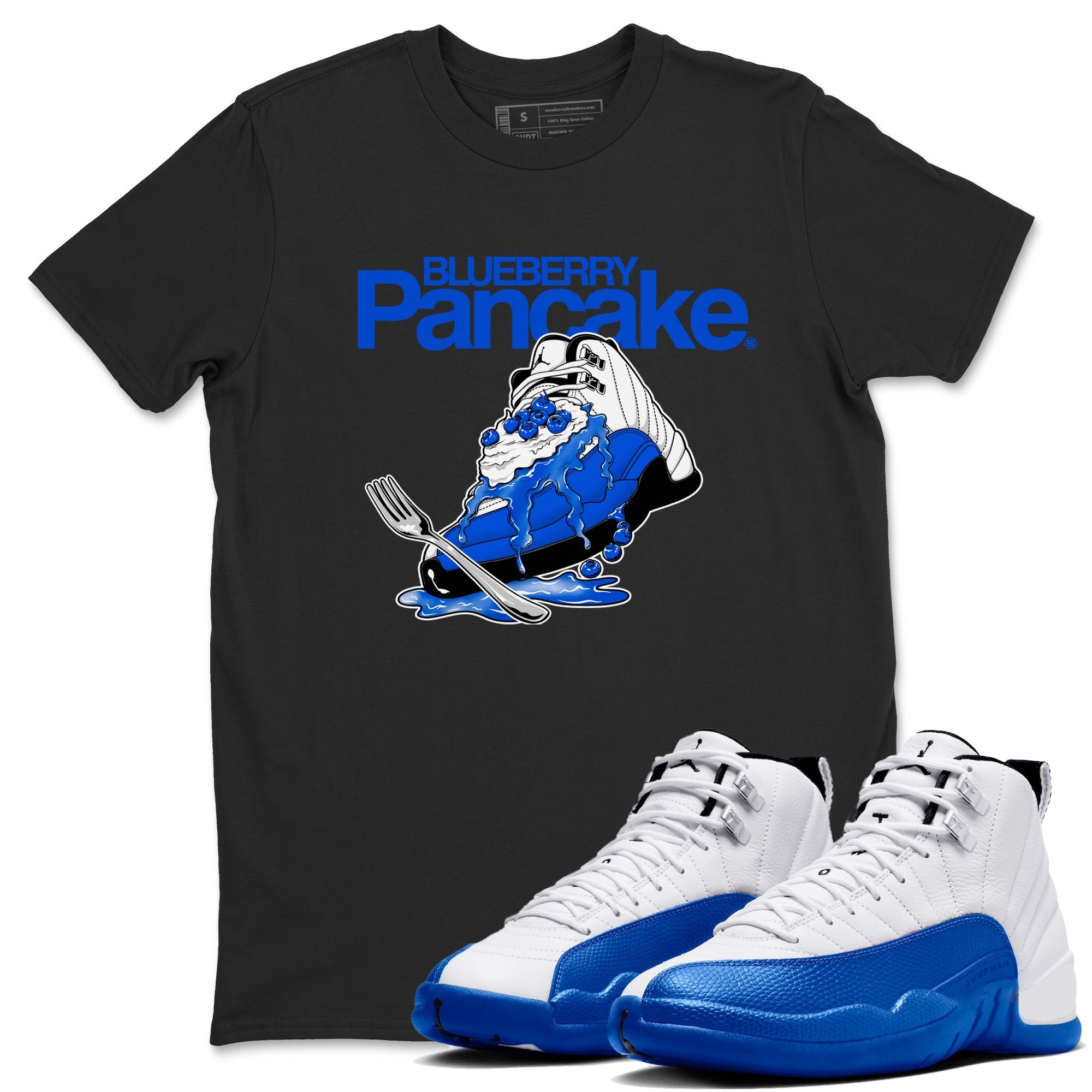12s Blueberry shirts to match jordans Blueberry Pancake sneaker match tees Air Jordan 12 Blueberry Drip Gear Zone streetwear brand Black 1 unisex cotton tee