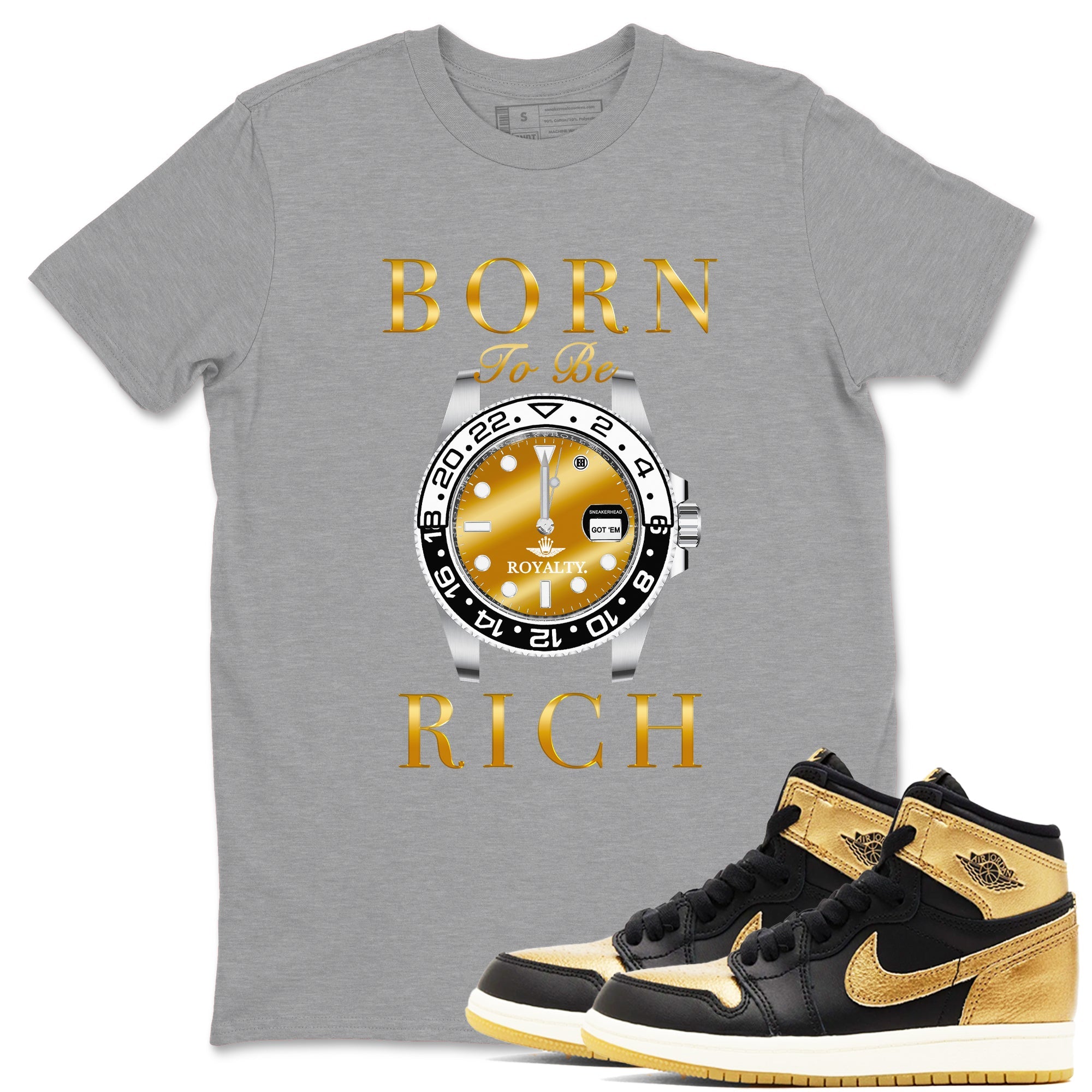 AJ1 Black Metallic Gold shirts to match jordans Born To Be Rich sneaker match tees Air Jordan 1 Black Metallic Gold Drip Gear Zone streetwear brand Heather Grey 1 unisex cotton tee