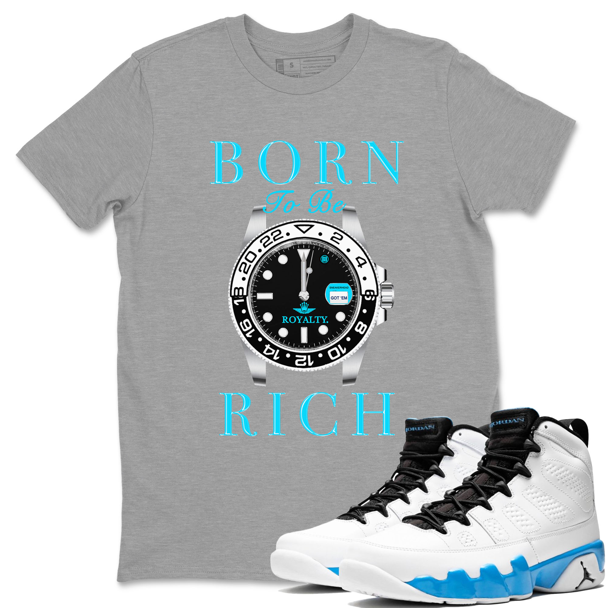AJ9 Powder Blue shirt to match jordans Born To Be Rich sneaker tees Air Jordan 9 Retro Powder Blue Drip Gear Zone unisex cotton Heather Grey 1 crew neck shirt