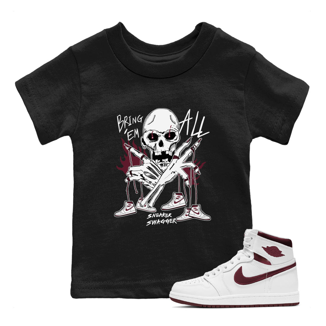 AJ1 Metallic Burgundy shirts to match jordans Bring 'Em All sneaker match tees Air Jordan 1 Metallic Burgundy Drip Gear Zone streetwear brand Baby and Youth Black 1 cotton tee