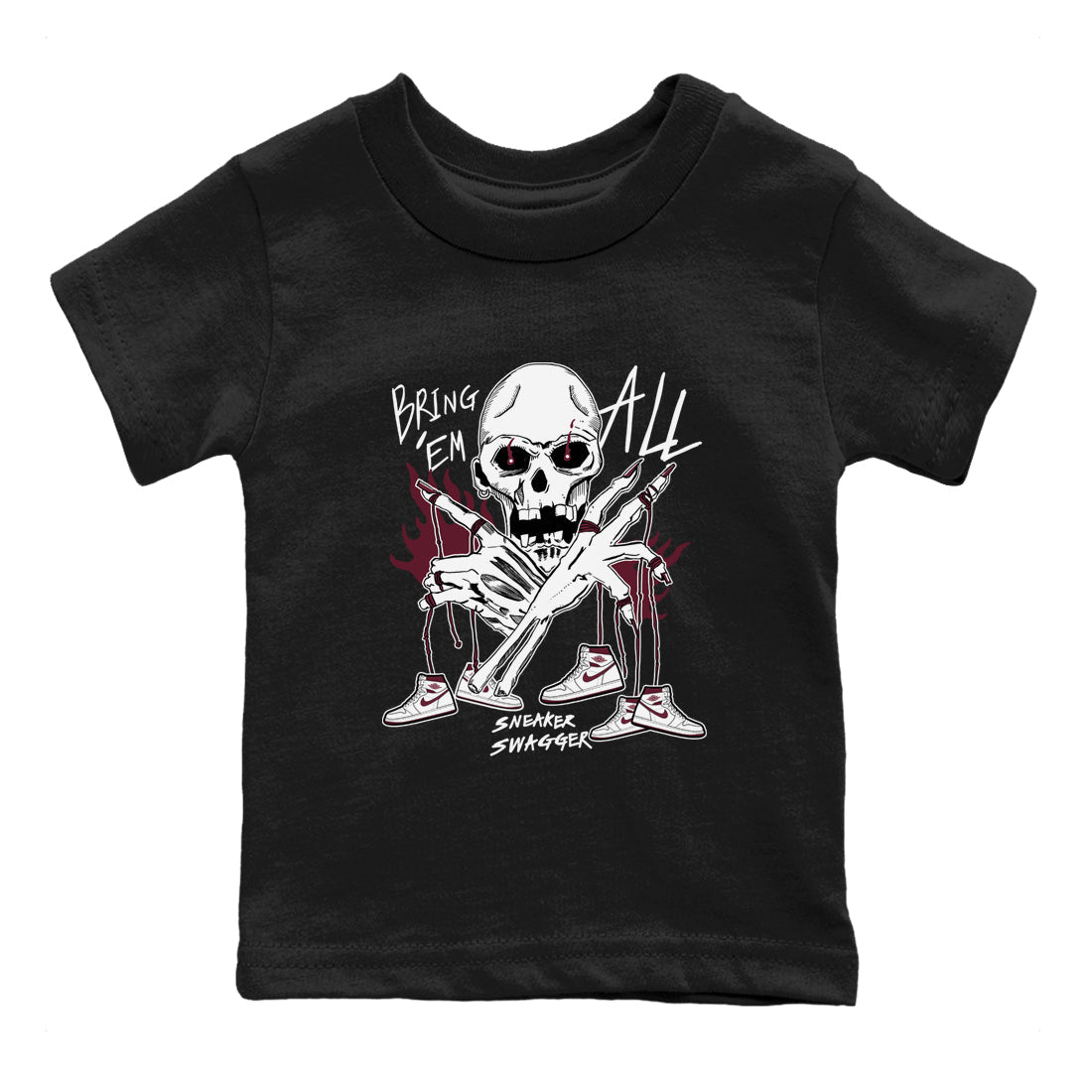 AJ1 Metallic Burgundy shirts to match jordans Bring 'Em All sneaker match tees Air Jordan 1 Metallic Burgundy Drip Gear Zone streetwear brand Baby and Youth Black 2 cotton tee