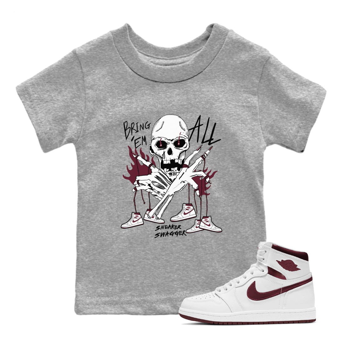 AJ1 Metallic Burgundy shirts to match jordans Bring 'Em All sneaker match tees Air Jordan 1 Metallic Burgundy Drip Gear Zone streetwear brand Baby and Youth Heather Grey 1 cotton tee