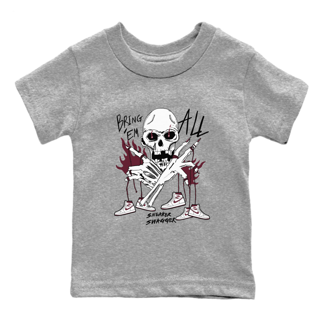 AJ1 Metallic Burgundy shirts to match jordans Bring 'Em All sneaker match tees Air Jordan 1 Metallic Burgundy Drip Gear Zone streetwear brand Baby and Youth Heather Grey 2 cotton tee