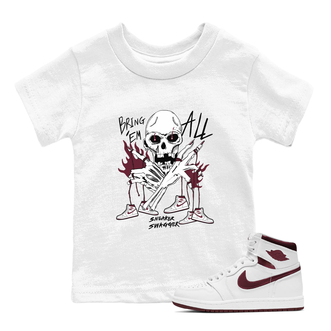 AJ1 Metallic Burgundy shirts to match jordans Bring 'Em All sneaker match tees Air Jordan 1 Metallic Burgundy Drip Gear Zone streetwear brand Baby and Youth White 1 cotton tee