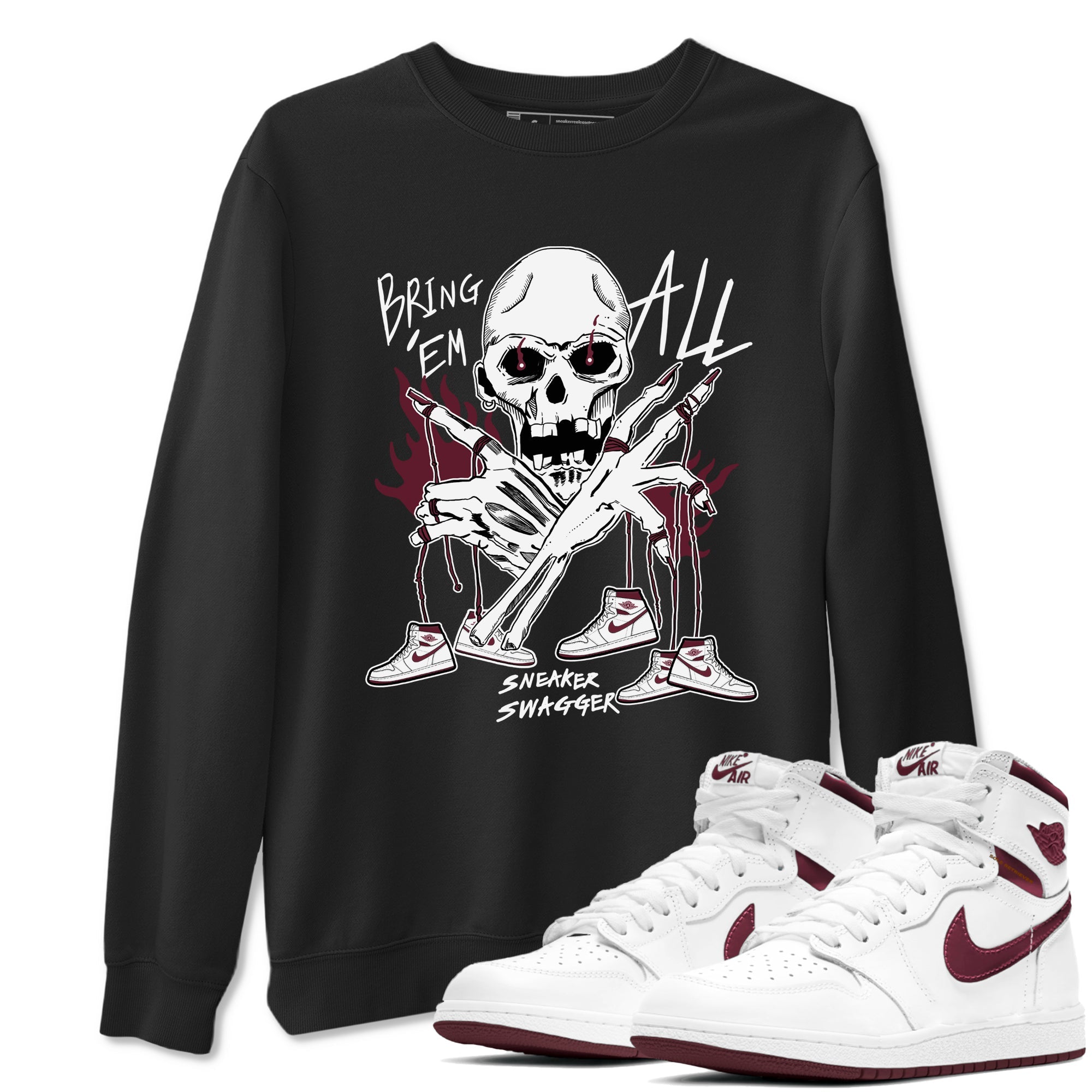 AJ1 Metallic Burgundy shirts to match jordans Bring 'Em All sneaker match tees Air Jordan 1 Metallic Burgundy Drip Gear Zone streetwear brand Black 1 unisex cotton tee