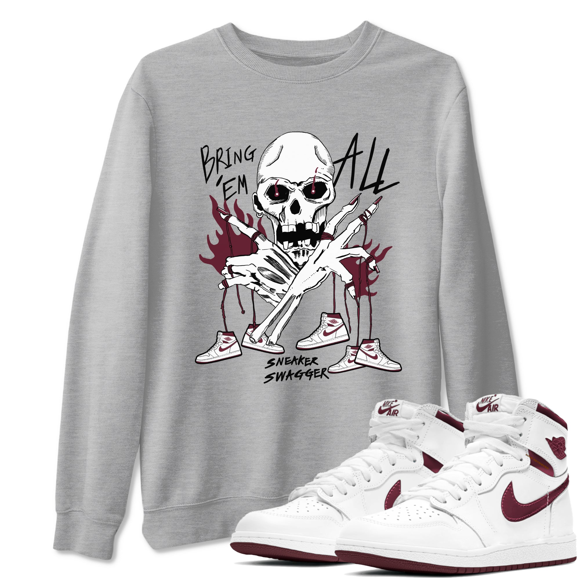AJ1 Metallic Burgundy shirts to match jordans Bring 'Em All sneaker match tees Air Jordan 1 Metallic Burgundy Drip Gear Zone streetwear brand Heather Grey 1 unisex cotton tee