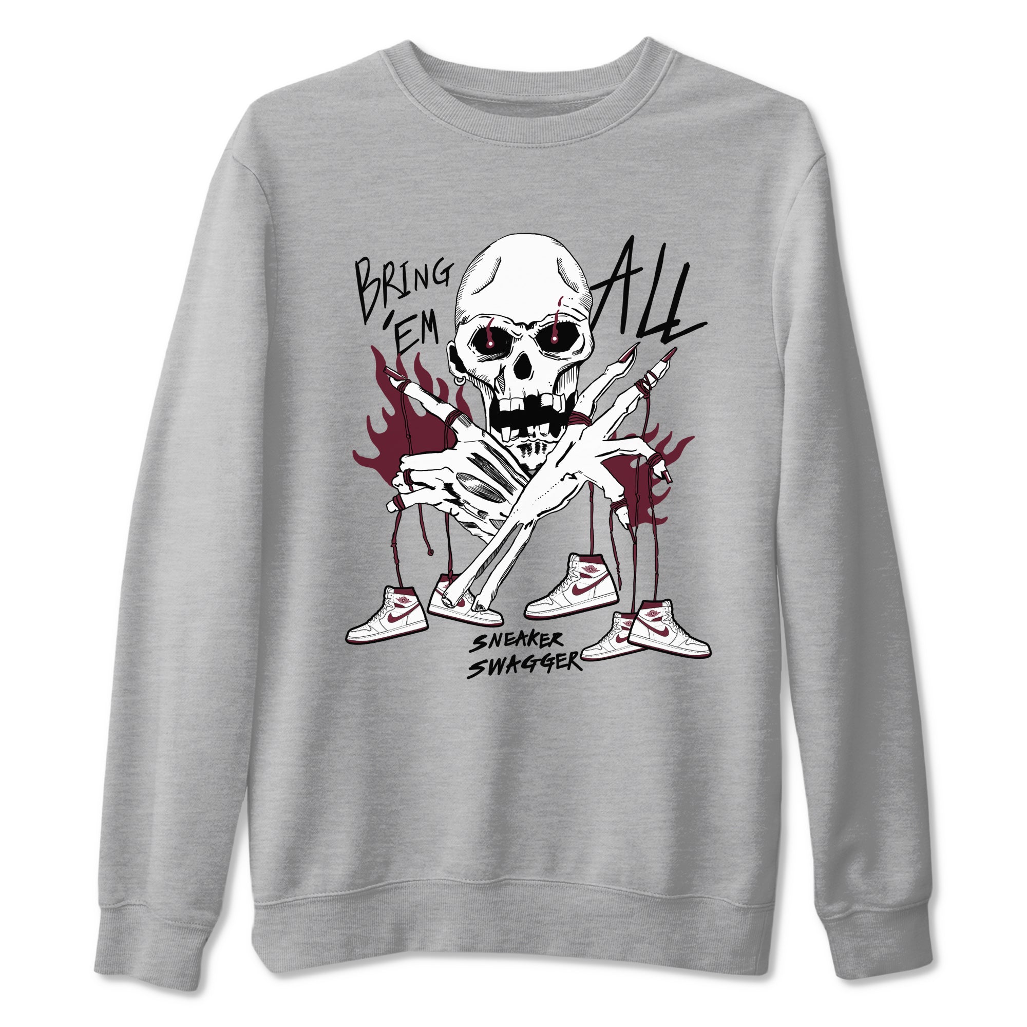 AJ1 Metallic Burgundy shirts to match jordans Bring 'Em All sneaker match tees Air Jordan 1 Metallic Burgundy Drip Gear Zone streetwear brand Heather Grey 2 unisex cotton tee