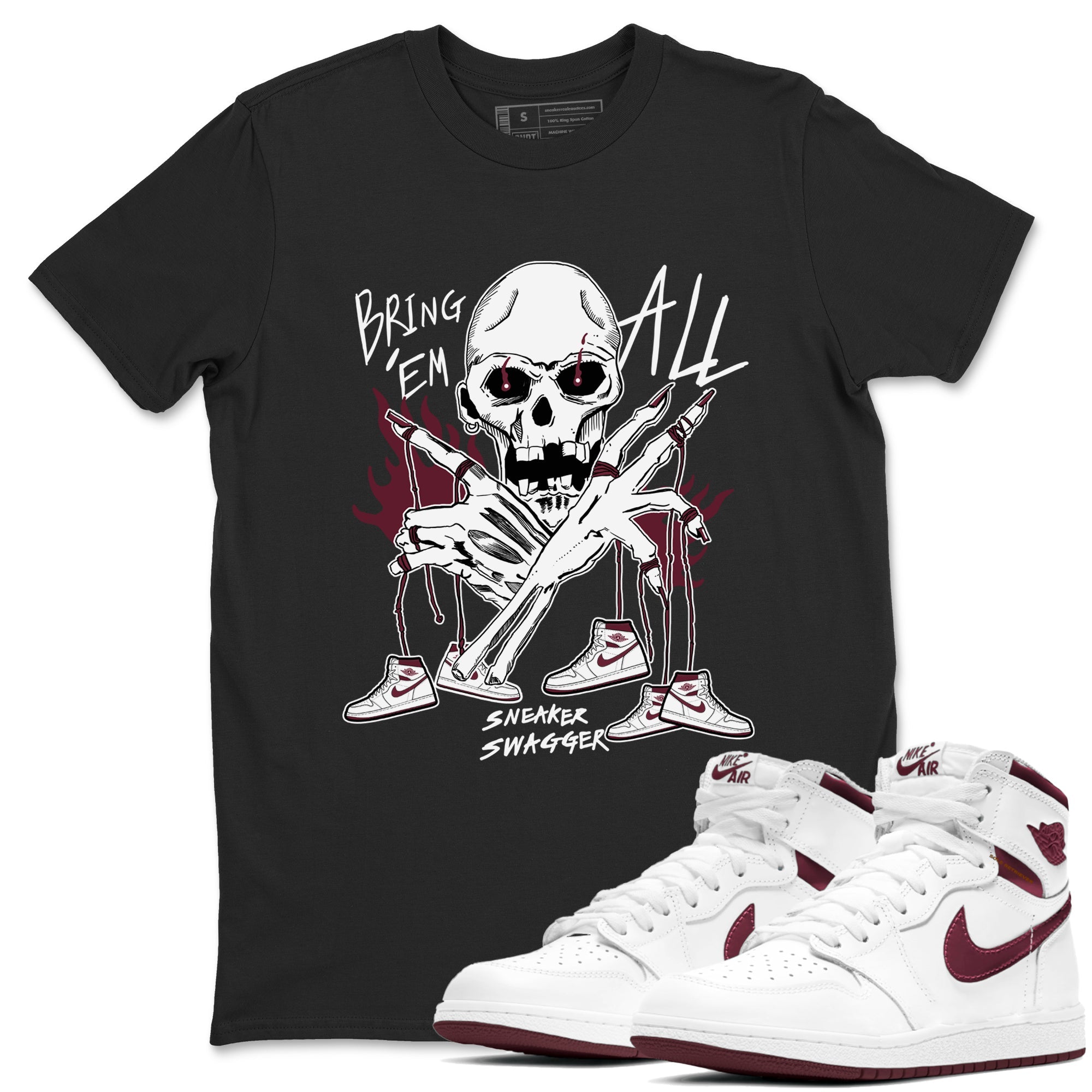 AJ1 Metallic Burgundy shirts to match jordans Bring 'Em All sneaker match tees Air Jordan 1 Metallic Burgundy Drip Gear Zone streetwear brand Black 1 unisex cotton tee