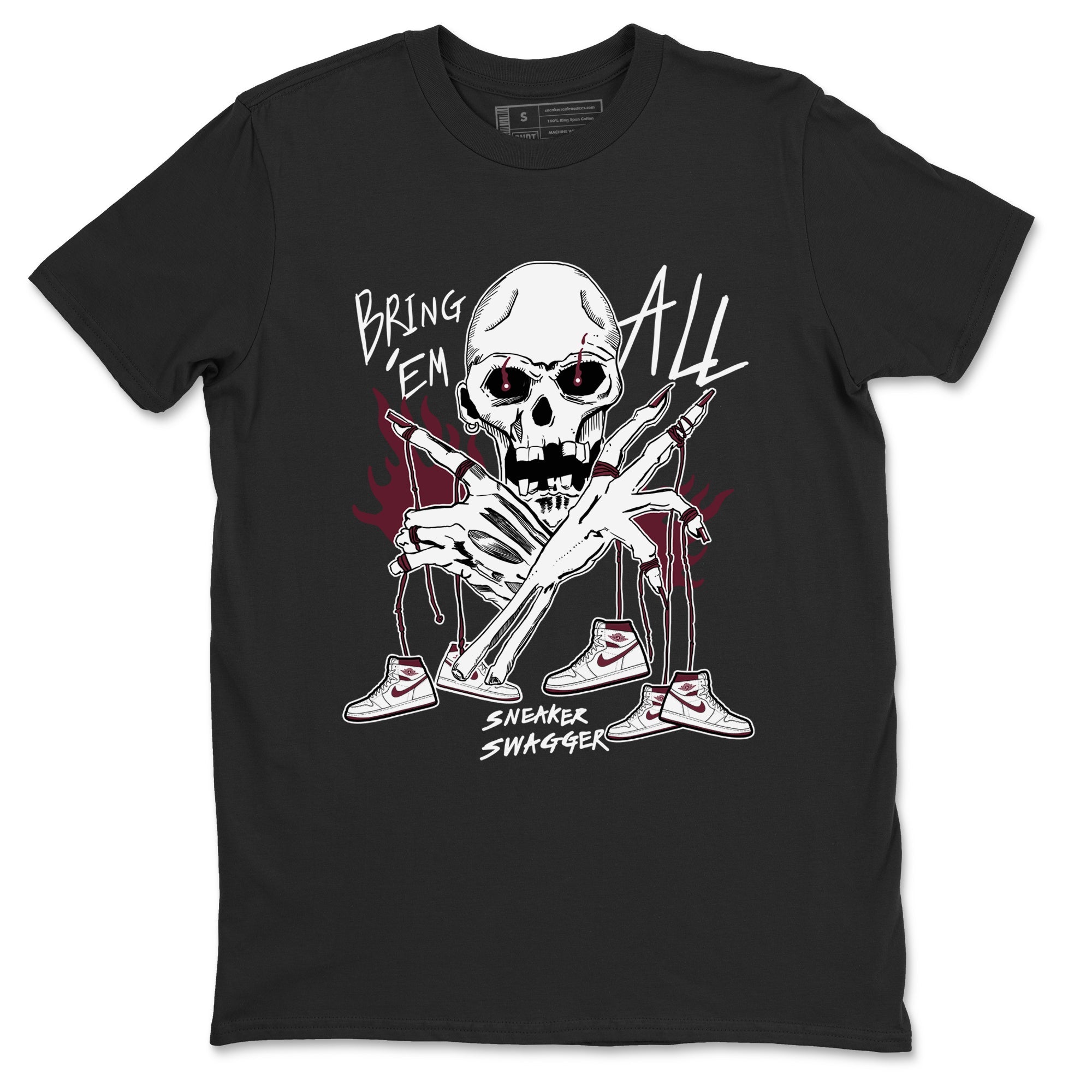 AJ1 Metallic Burgundy shirts to match jordans Bring 'Em All sneaker match tees Air Jordan 1 Metallic Burgundy Drip Gear Zone streetwear brand Black 2 unisex cotton tee
