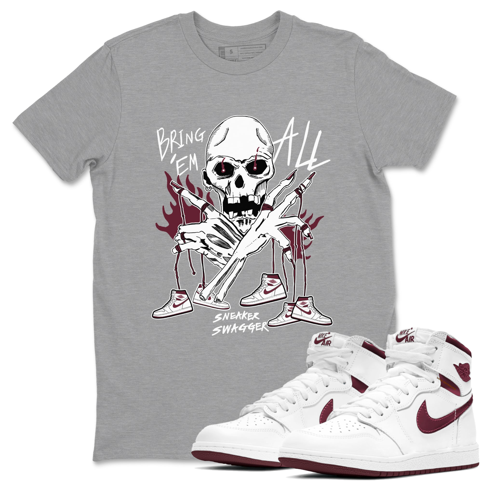 AJ1 Metallic Burgundy shirts to match jordans Bring 'Em All sneaker match tees Air Jordan 1 Metallic Burgundy Drip Gear Zone streetwear brand Heather Grey 1 unisex cotton tee