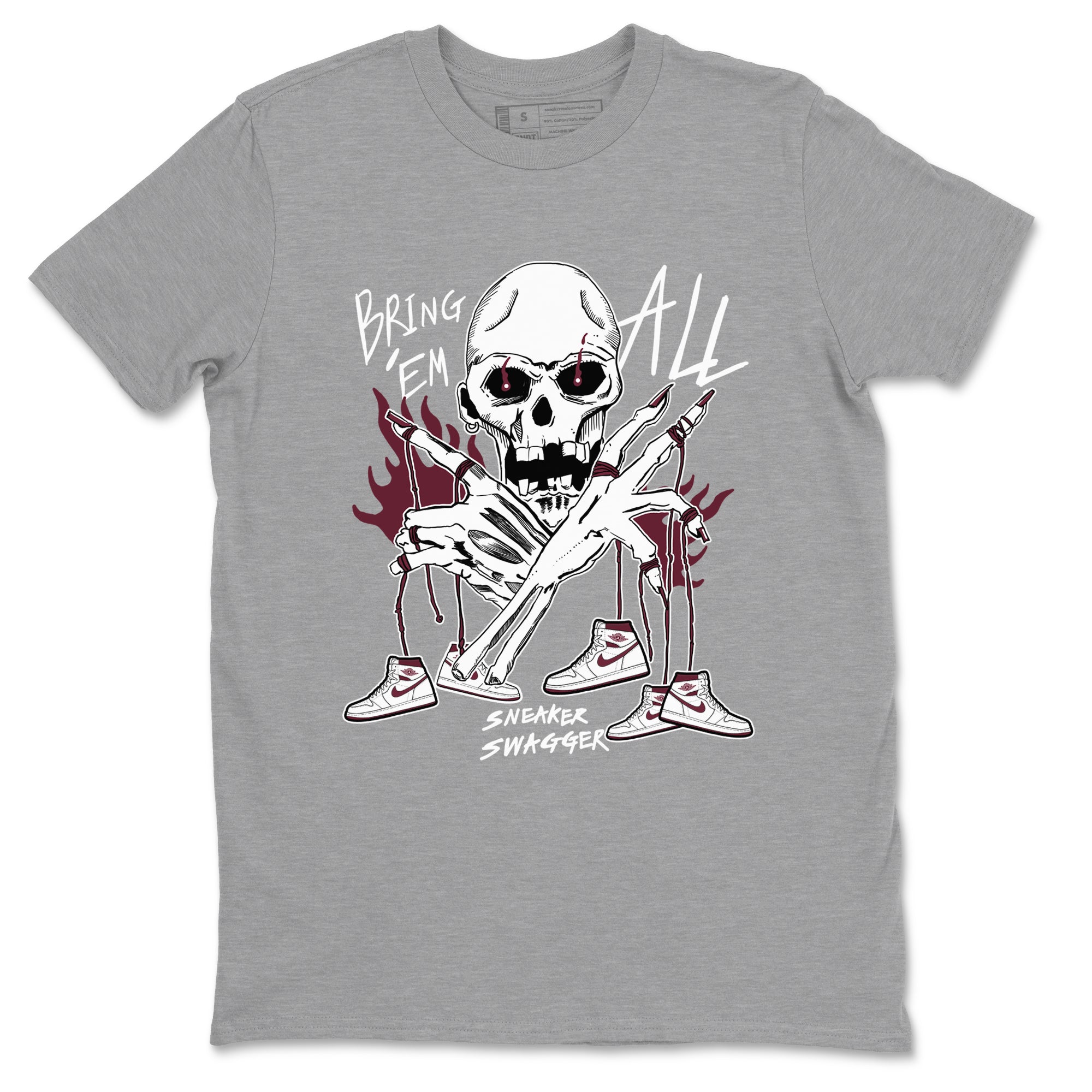 AJ1 Metallic Burgundy shirts to match jordans Bring 'Em All sneaker match tees Air Jordan 1 Metallic Burgundy Drip Gear Zone streetwear brand Heather Grey 2 unisex cotton tee
