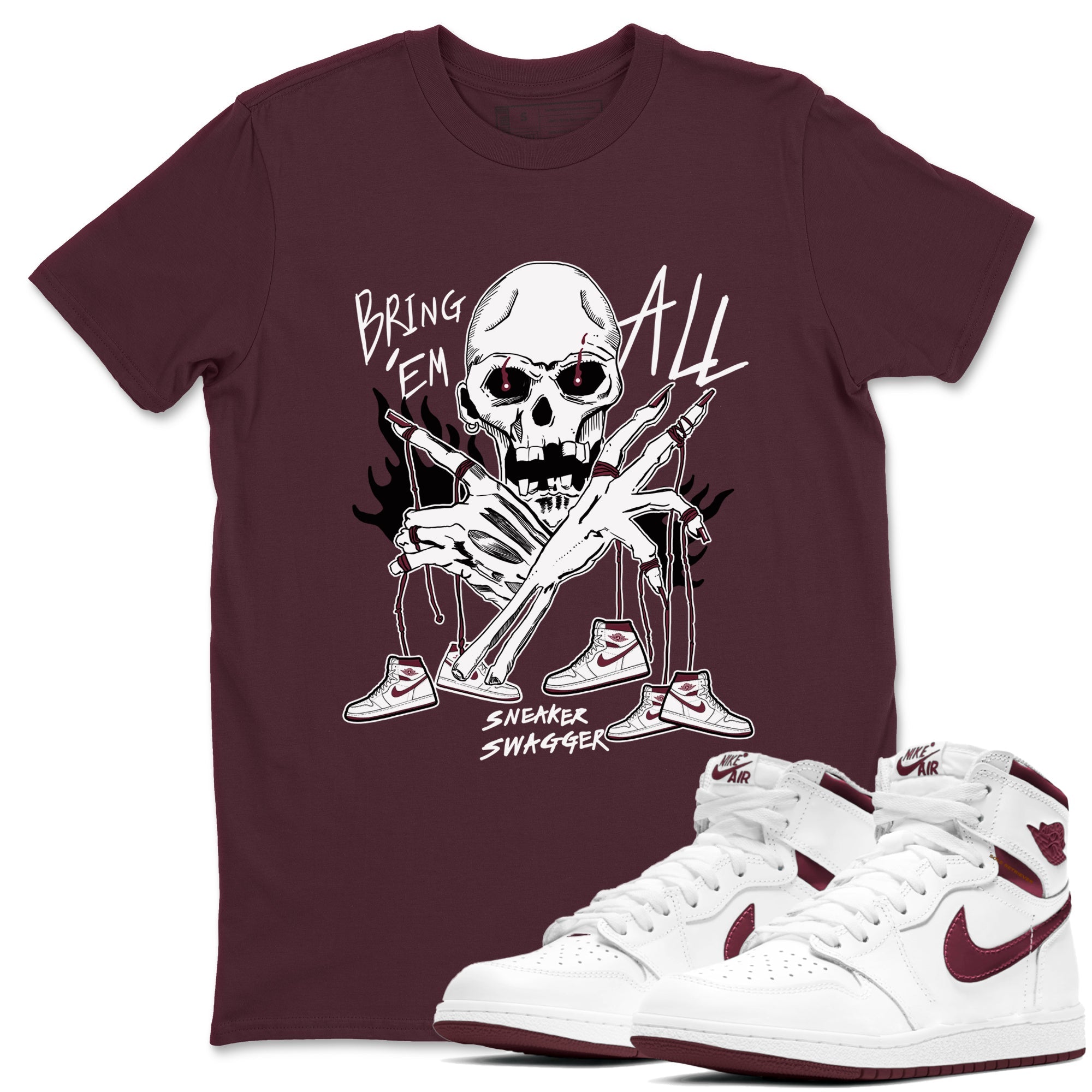 AJ1 Metallic Burgundy shirts to match jordans Bring 'Em All sneaker match tees Air Jordan 1 Metallic Burgundy Drip Gear Zone streetwear brand Maroon 1 unisex cotton tee
