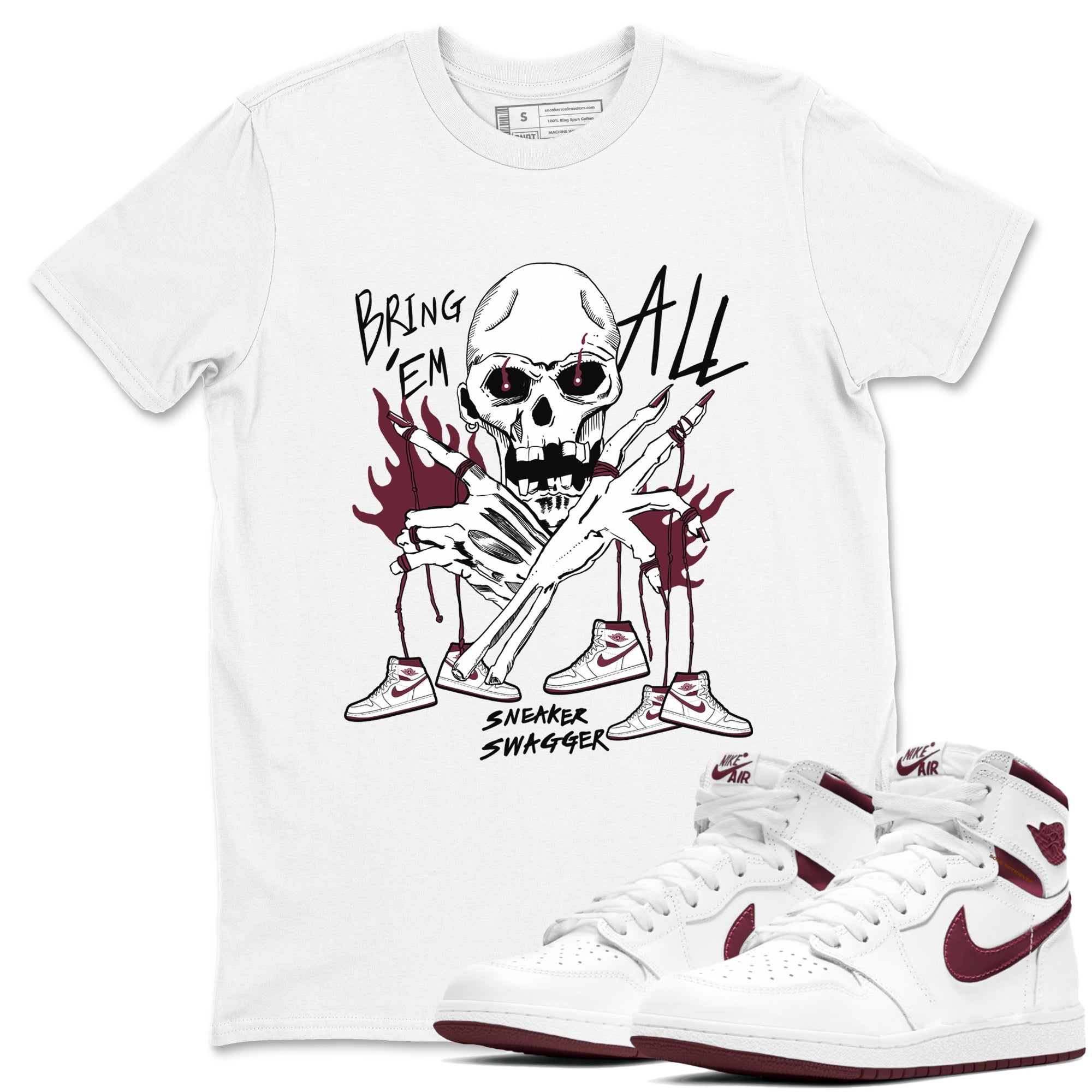 AJ1 Metallic Burgundy shirts to match jordans Bring 'Em All sneaker match tees Air Jordan 1 Metallic Burgundy Drip Gear Zone streetwear brand White 1 unisex cotton tee