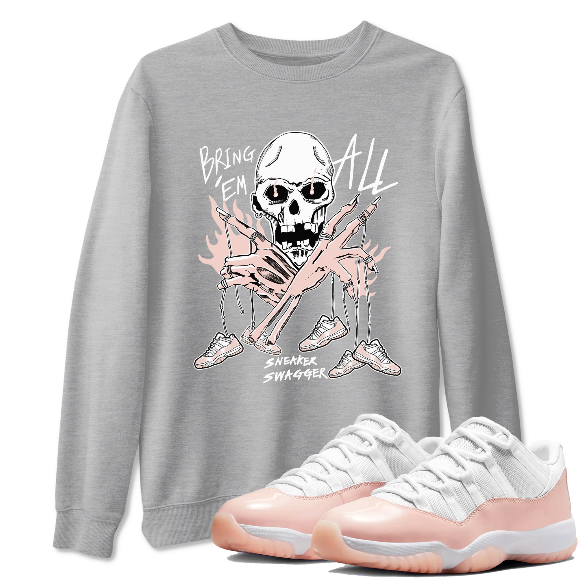 AJ11 Legend Pink shirts to match jordans Bring 'Em All sneaker match tees Air Jordan 11 Legend Pink Drip Gear Zone streetwear brand Heather Grey 1 unisex cotton tee