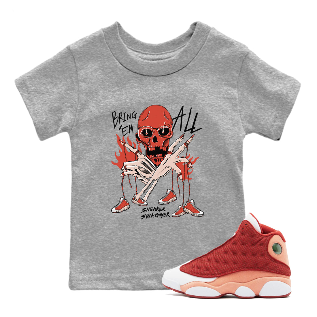 13s Dune Red shirts to match jordans Bring 'Em All sneaker match tees Air Jordan 13 Dune Red Drip Gear Zone streetwear brand Baby and Youth Heather Grey 1 cotton tee