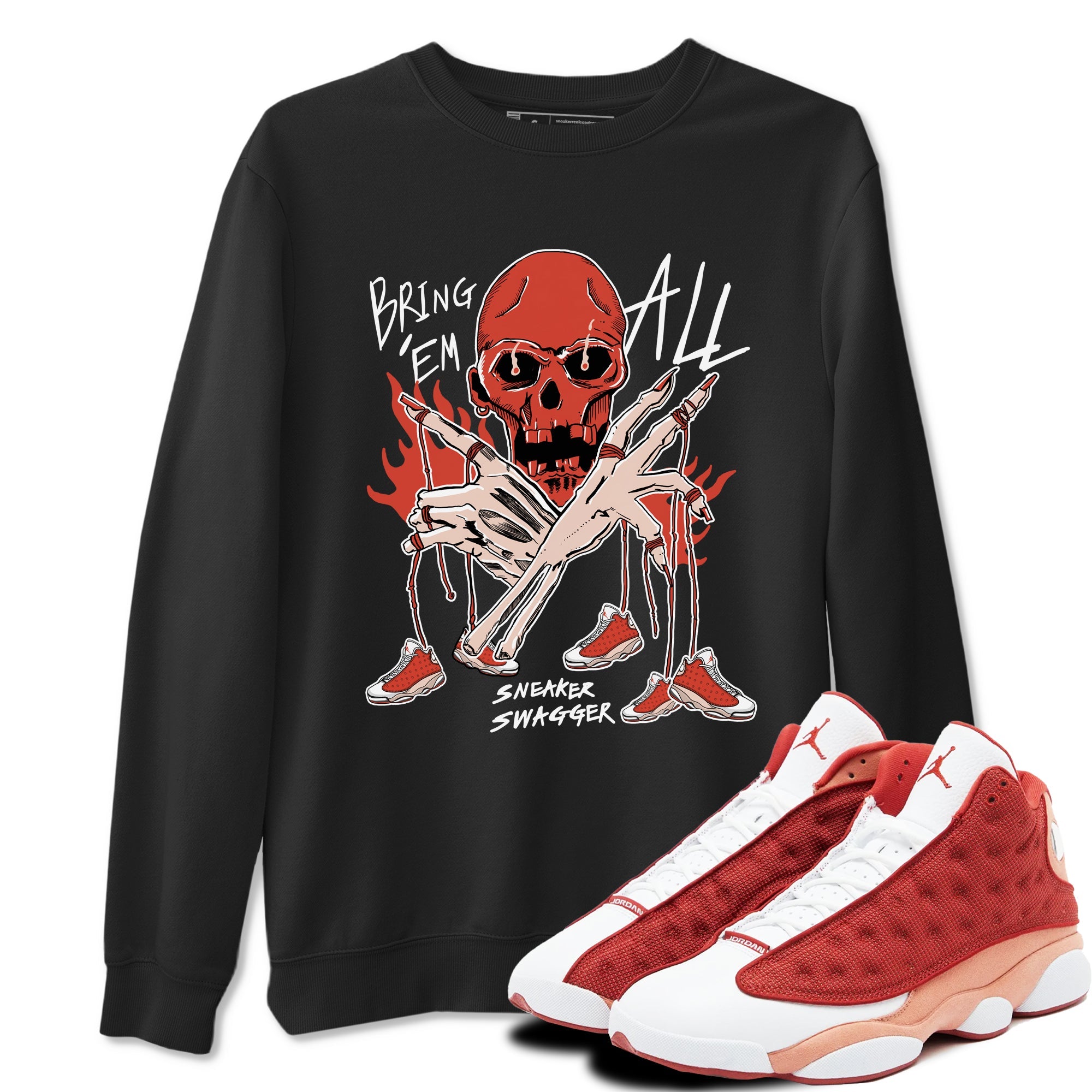 13s Dune Red shirts to match jordans Bring 'Em All sneaker match tees Air Jordan 13 Dune Red Drip Gear Zone streetwear brand Black 1 unisex cotton tee