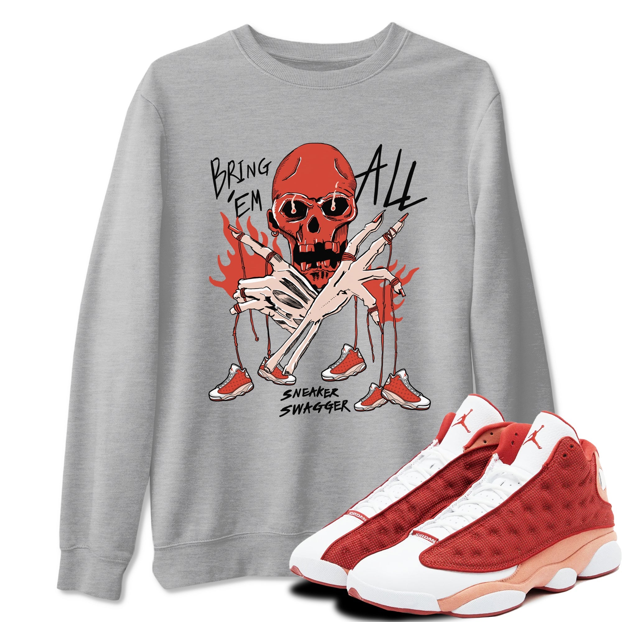 13s Dune Red shirts to match jordans Bring 'Em All sneaker match tees Air Jordan 13 Dune Red Drip Gear Zone streetwear brand Heather Grey 1 unisex cotton tee