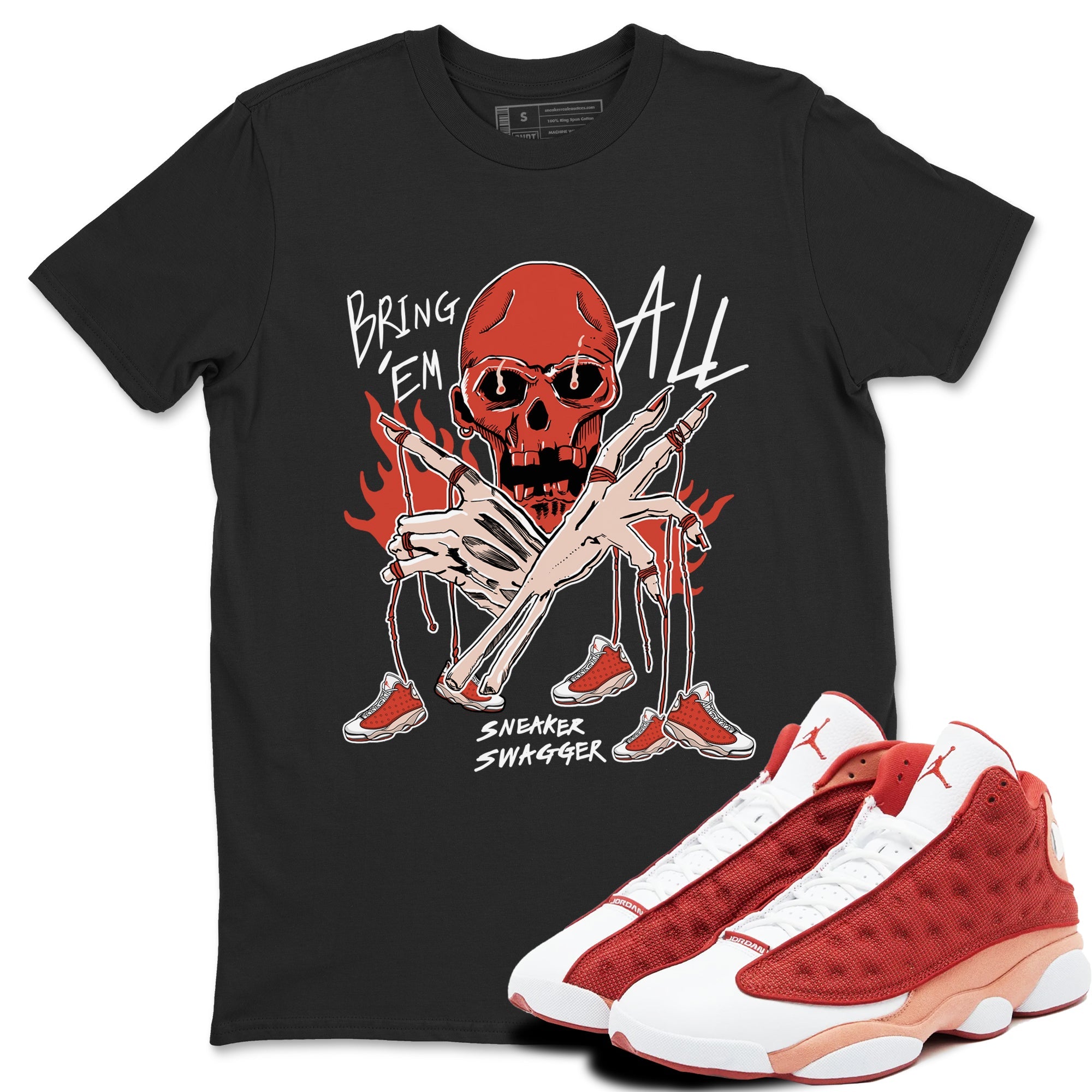13s Dune Red shirts to match jordans Bring 'Em All sneaker match tees Air Jordan 13 Dune Red Drip Gear Zone streetwear brand Black 1 unisex cotton tee