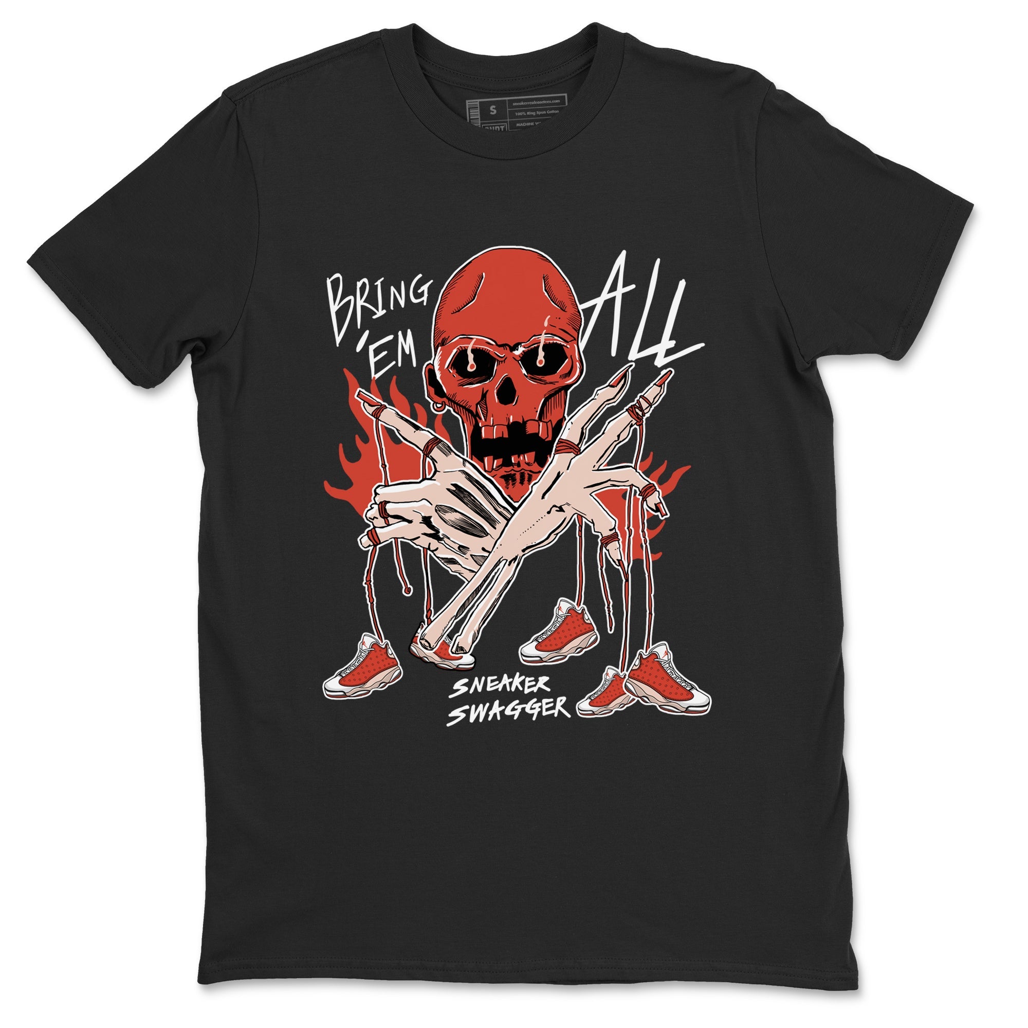 13s Dune Red shirts to match jordans Bring 'Em All sneaker match tees Air Jordan 13 Dune Red Drip Gear Zone streetwear brand Black 2 unisex cotton tee