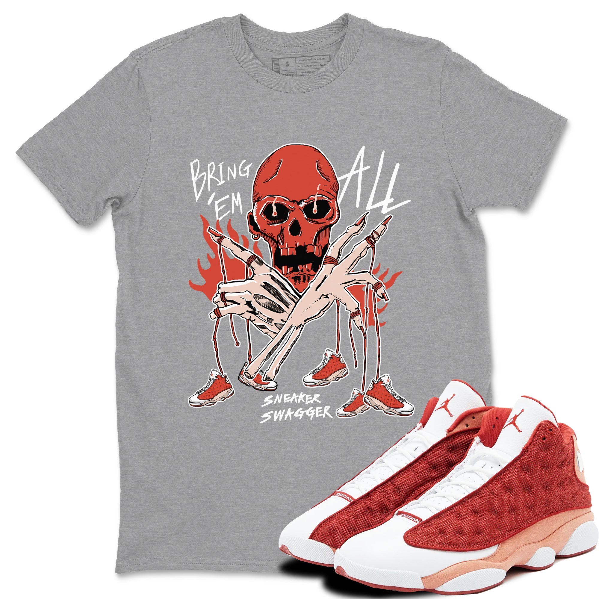 13s Dune Red shirts to match jordans Bring 'Em All sneaker match tees Air Jordan 13 Dune Red Drip Gear Zone streetwear brand Heather Grey 1 unisex cotton tee
