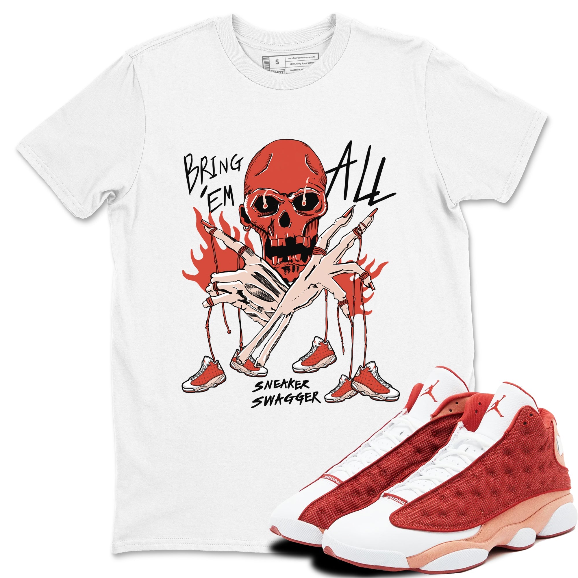 13s Dune Red shirts to match jordans Bring 'Em All sneaker match tees Air Jordan 13 Dune Red Drip Gear Zone streetwear brand White 1 unisex cotton tee
