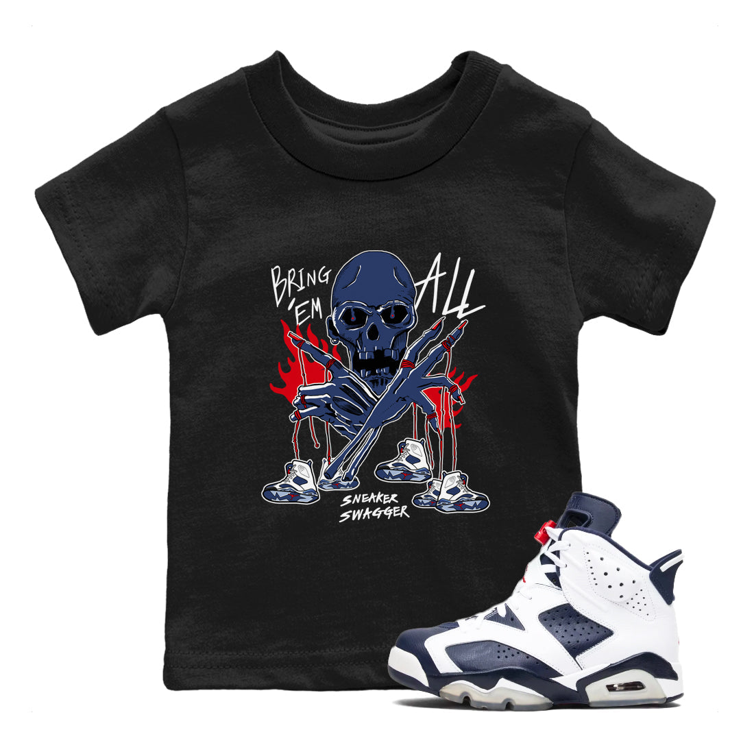AJ6 Olympic shirts to match jordans Bring 'Em All sneaker match tees Air Jordan 6 Olympic Drip Gear Zone streetwear brand Baby and Youth Black 1 cotton tee