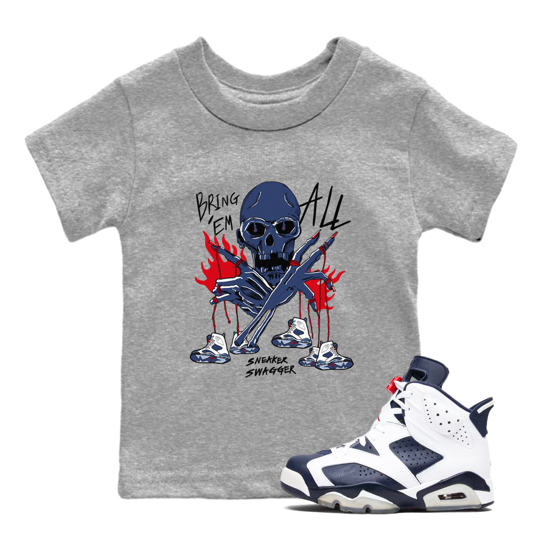 AJ6 Olympic shirts to match jordans Bring 'Em All sneaker match tees Air Jordan 6 Olympic Drip Gear Zone streetwear brand Baby and Youth Heather Grey 1 cotton tee
