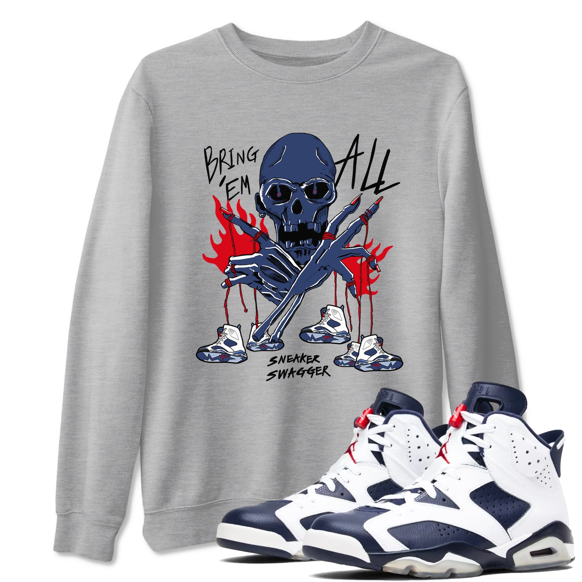 AJ6 Olympic shirts to match jordans Bring 'Em All sneaker match tees Air Jordan 6 Olympic Drip Gear Zone streetwear brand Heather Grey 1 unisex cotton tee