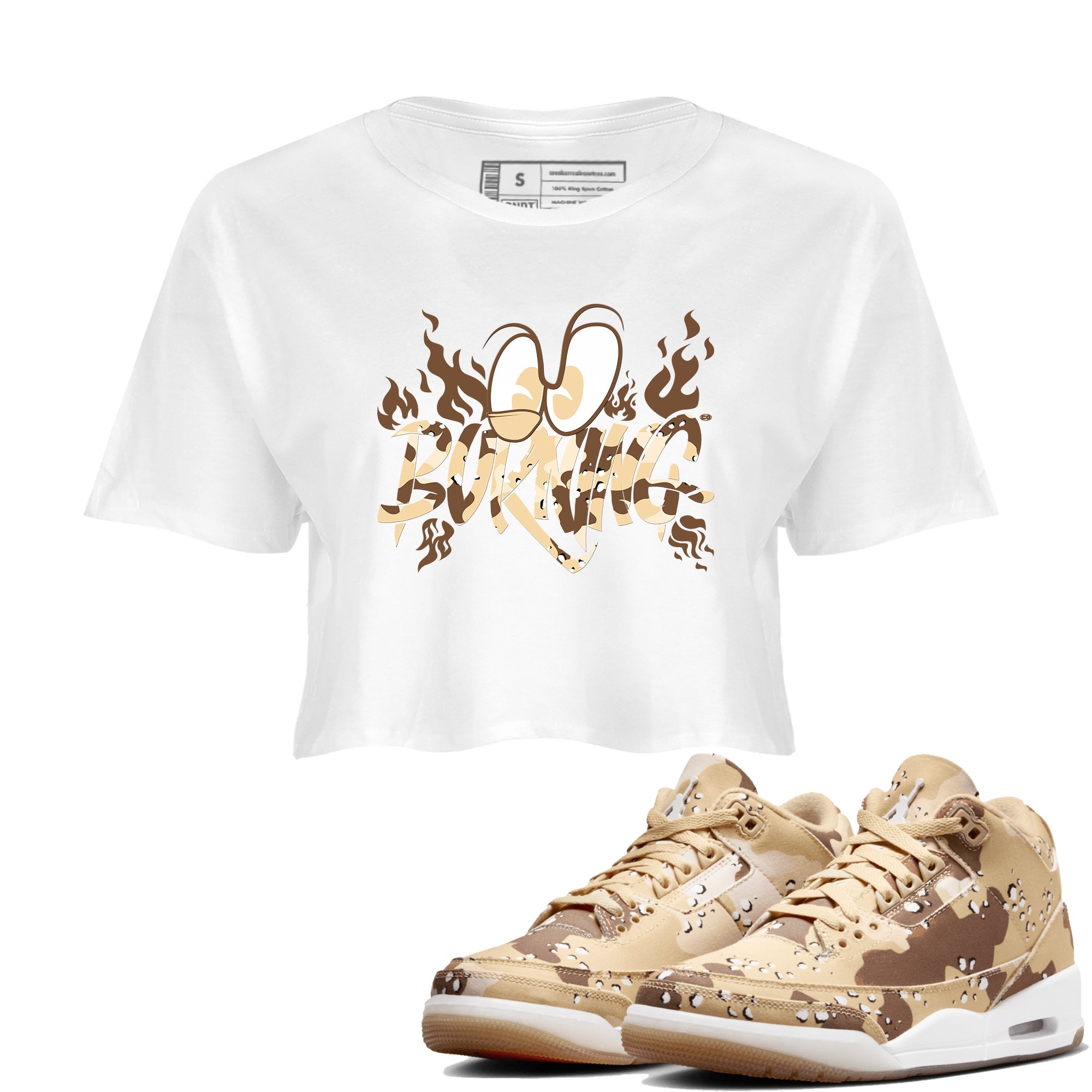 3s Desert Camo shirts to match jordans Burning sneaker match tees Air Jordan 3 Desert Camo Drip Gear Zone streetwear brand White 1 crop tee