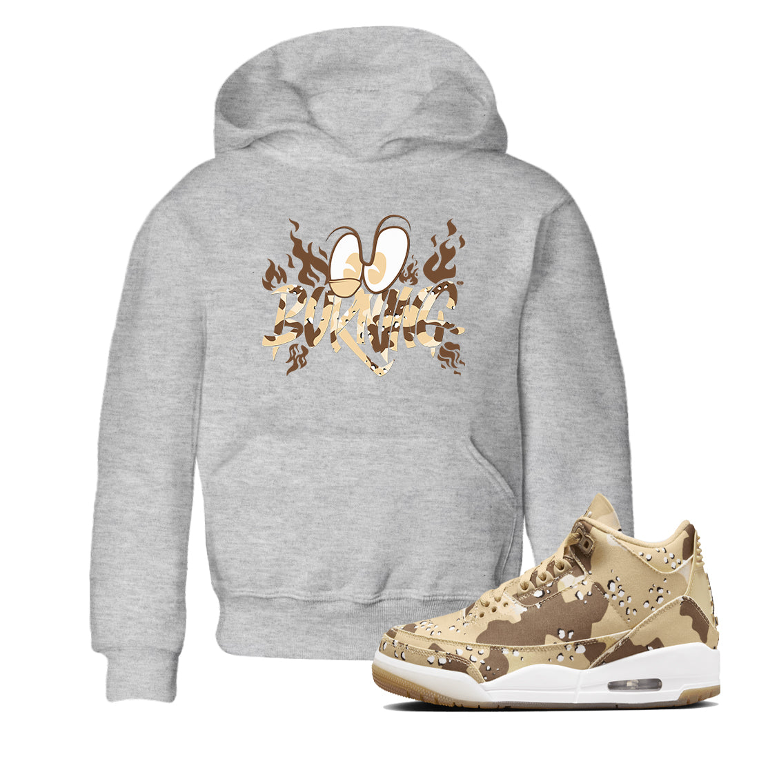 3s Desert Camo shirts to match jordans Burning sneaker match tees Air Jordan 3 Desert Camo Drip Gear Zone streetwear brand Baby and Youth Heather Grey 1 cotton tee