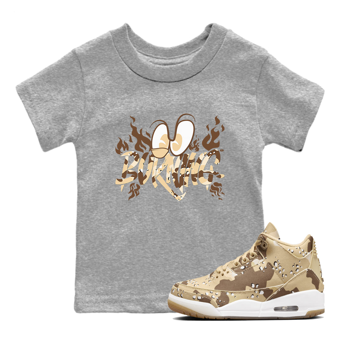 3s Desert Camo shirts to match jordans Burning sneaker match tees Air Jordan 3 Desert Camo Drip Gear Zone streetwear brand Baby and Youth Heather Grey 1 cotton tee