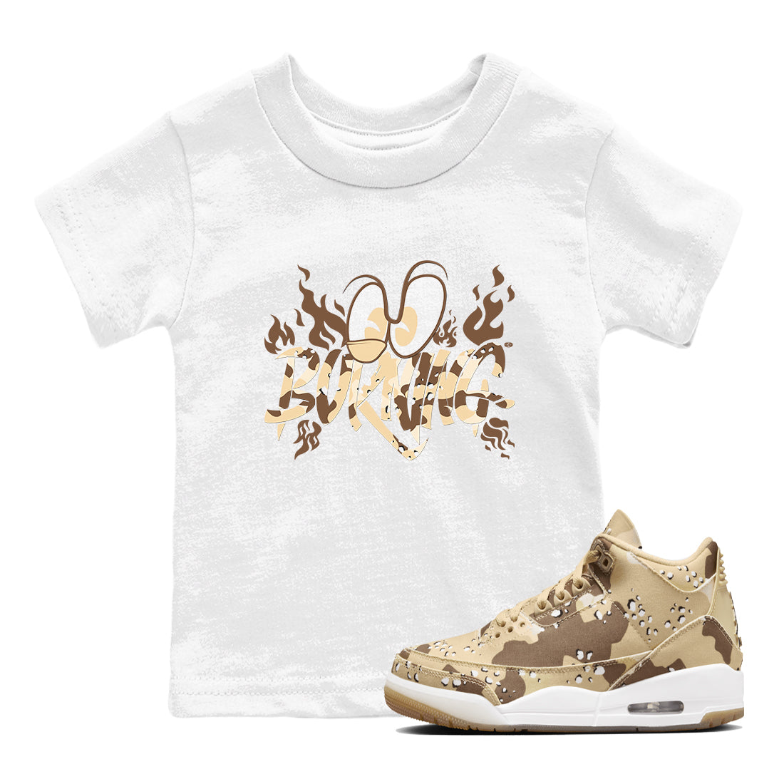 3s Desert Camo shirts to match jordans Burning sneaker match tees Air Jordan 3 Desert Camo Drip Gear Zone streetwear brand Baby and Youth White 1 cotton tee