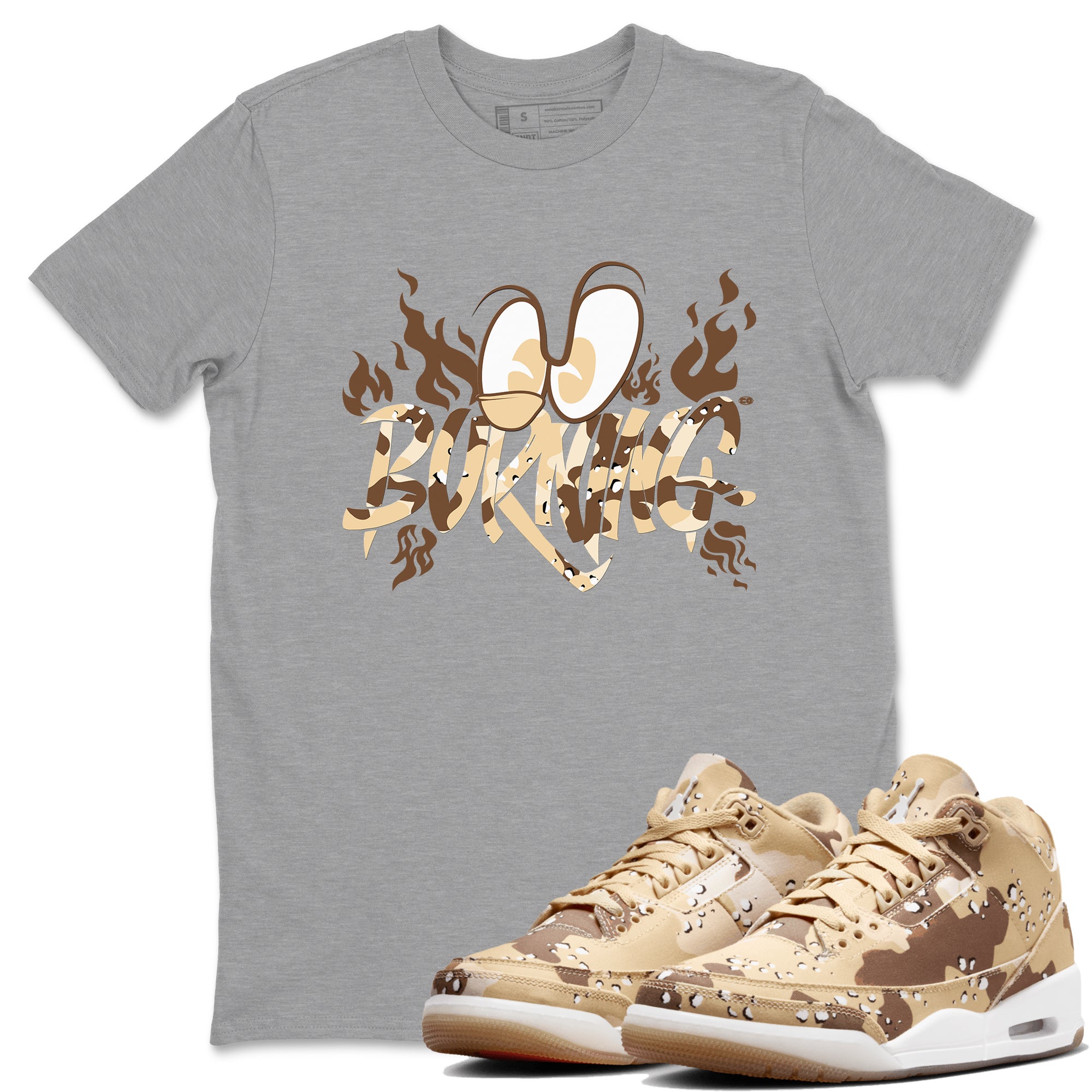 3s Desert Camo shirts to match jordans Burning sneaker match tees Air Jordan 3 Desert Camo Drip Gear Zone streetwear brand Heather Grey 1 unisex cotton tee