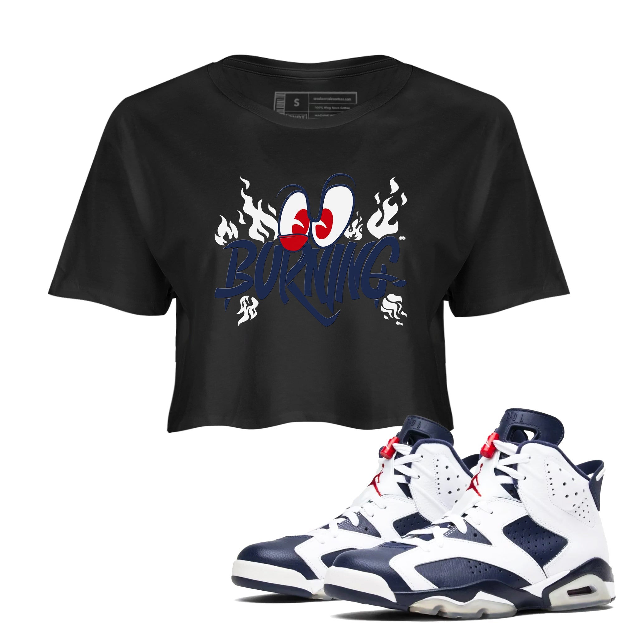 6s White And Midnight Navy shirts to match jordans Burning sneaker match tees Air Jordan 6 White And Midnight Navy Drip Gear Zone unisex cotton Black 1 Crop Shirts