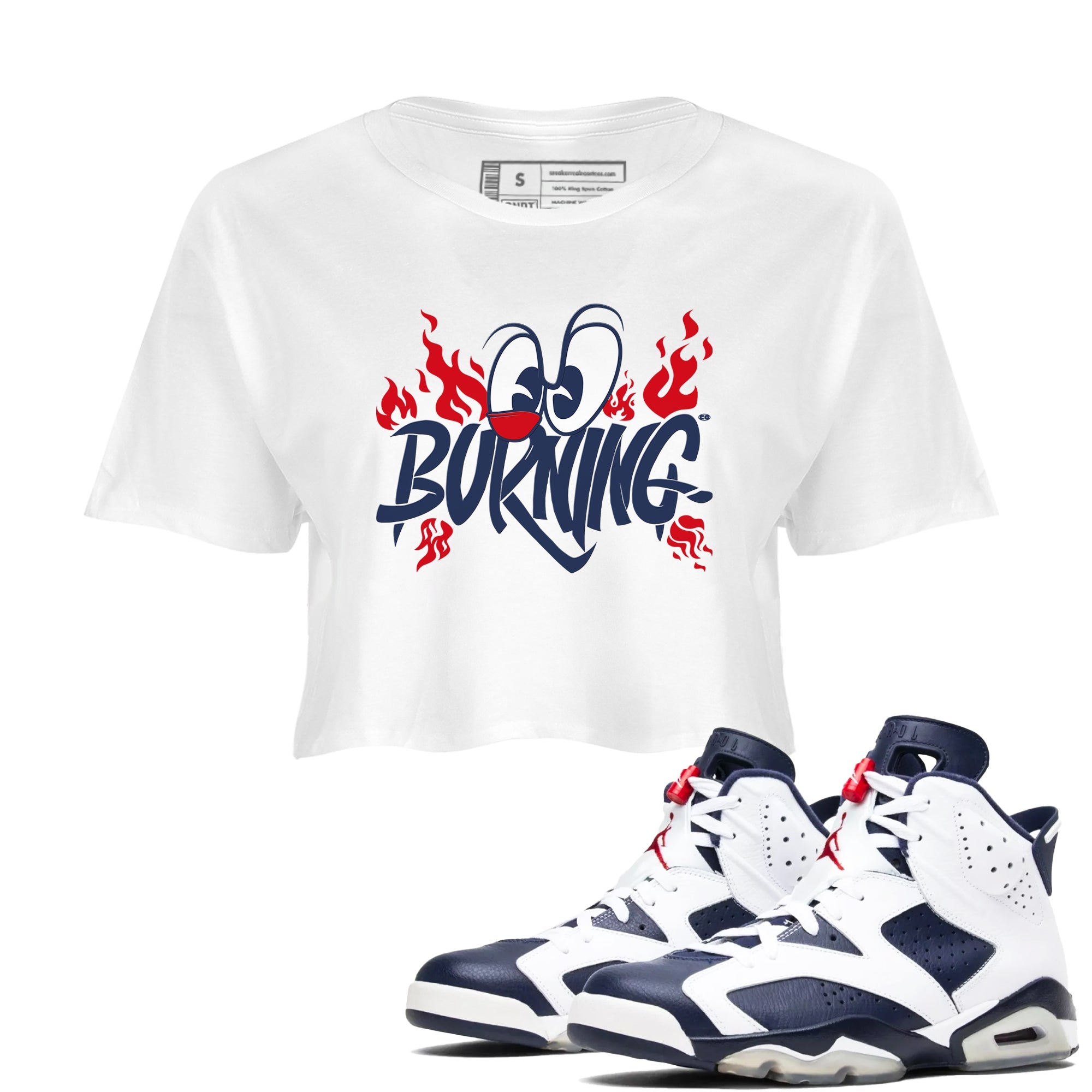 6s White And Midnight Navy shirts to match jordans Burning sneaker match tees Air Jordan 6 White And Midnight Navy Drip Gear Zone unisex cotton White 1 Crop Shirts