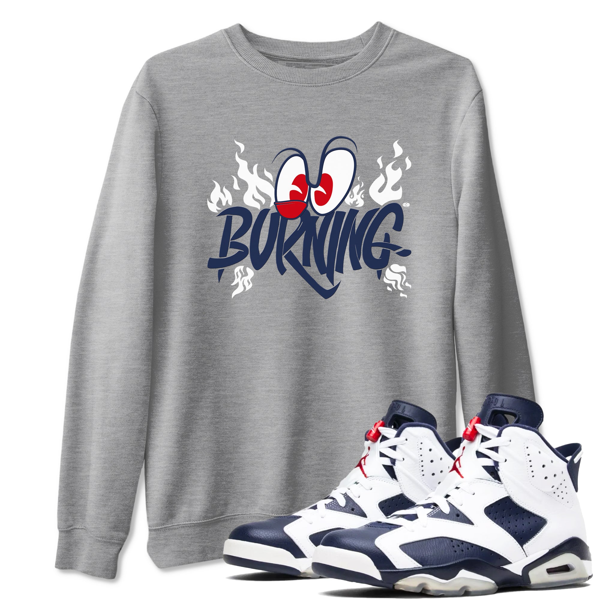 6s White And Midnight Navy shirts to match jordans Burning sneaker match tees Air Jordan 6 White And Midnight Navy Drip Gear Zone unisex cotton Heather Grey 1 crew neck shirts