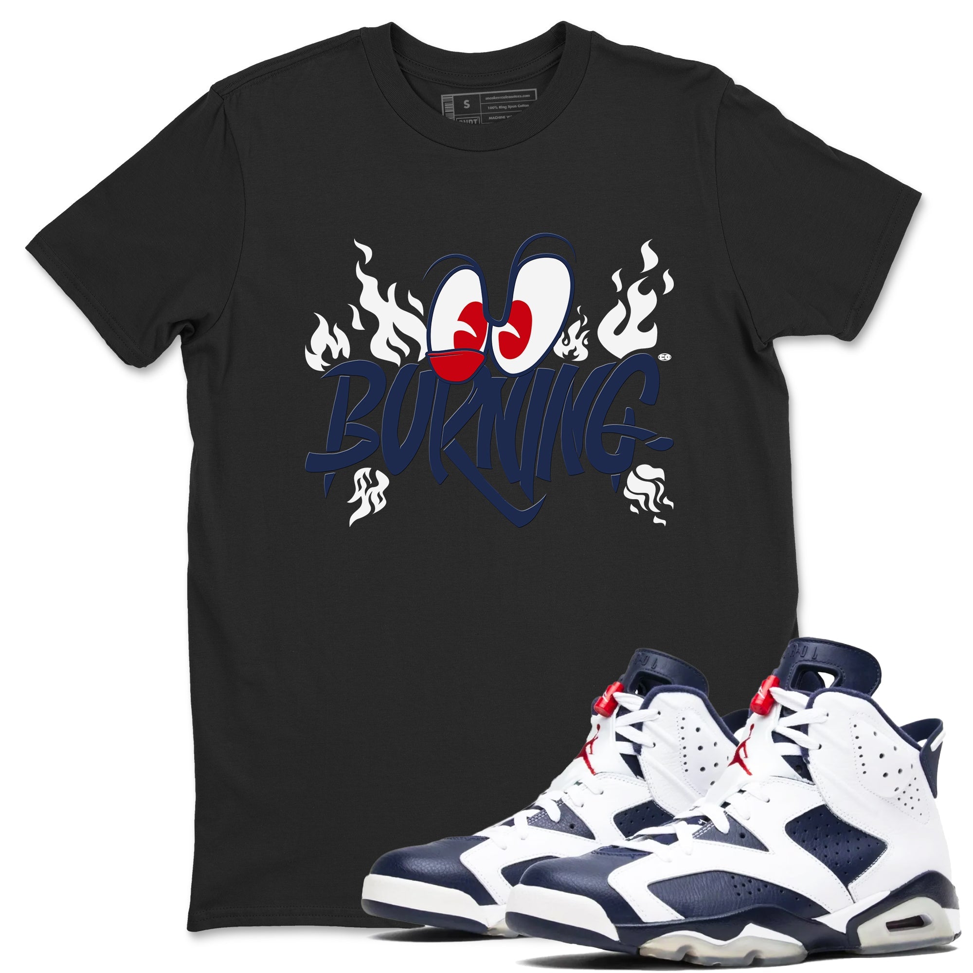 6s White And Midnight Navy shirts to match jordans Burning sneaker match tees Air Jordan 6 White And Midnight Navy Drip Gear Zone unisex cotton Black 1 crew neck shirts