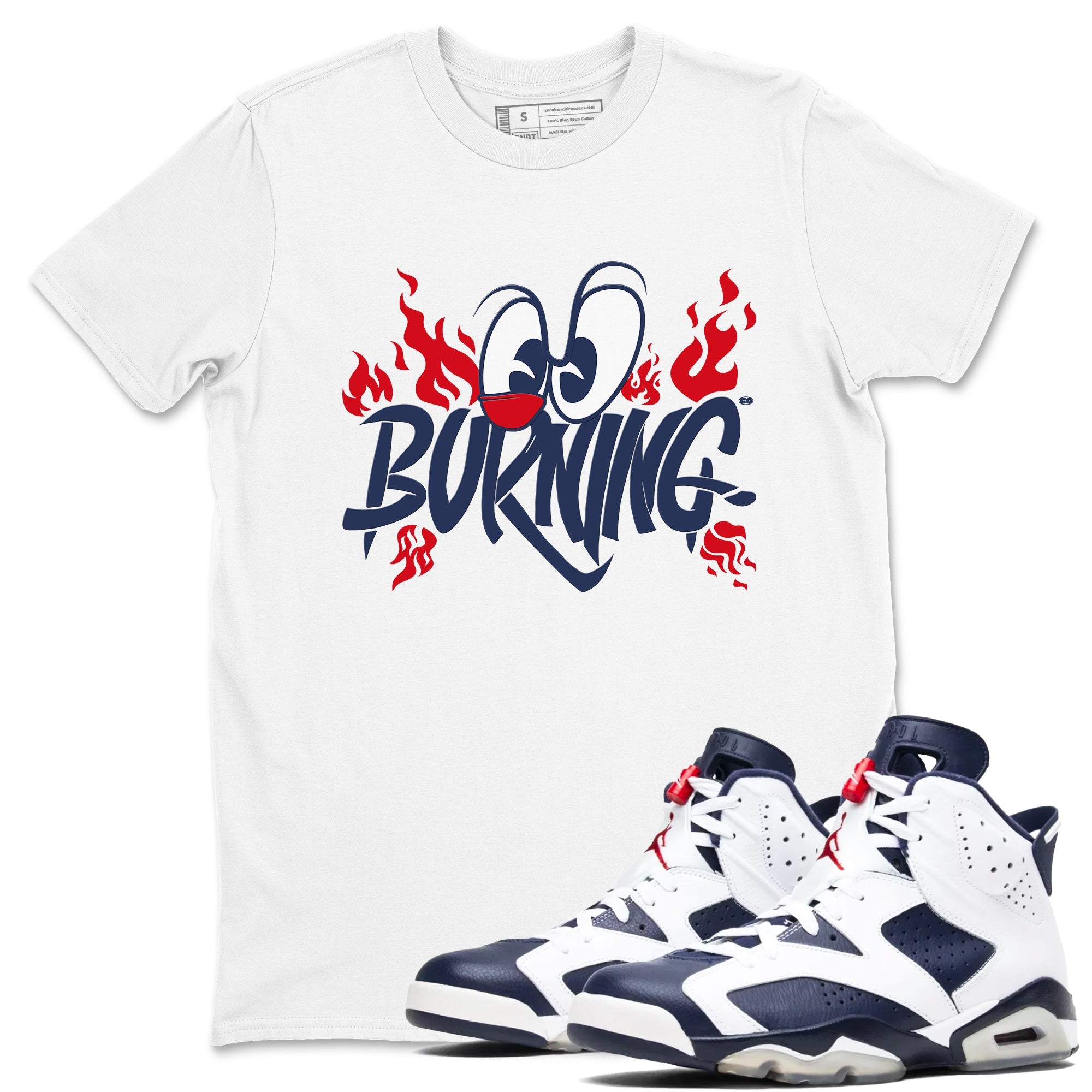 6s White And Midnight Navy shirts to match jordans Burning sneaker match tees Air Jordan 6 White And Midnight Navy Drip Gear Zone unisex cotton White 1 crew neck shirts