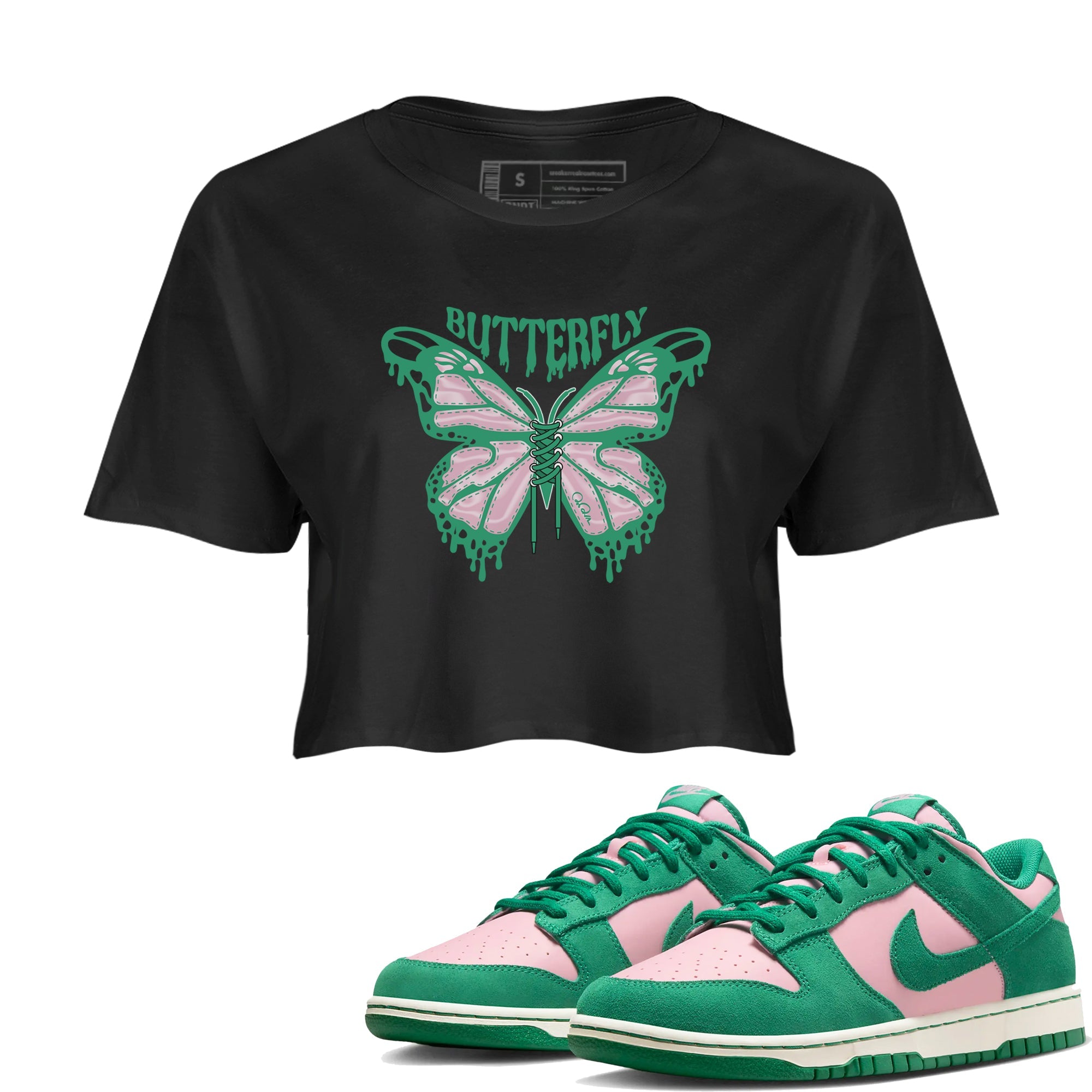 Dunk Low Medium Soft Pink Malachite shirt to match jordans Butterfly sneaker tees Dunk Retro SE Medium Soft Pink Malachite Drip Gear Zone Black 1 crop length shirt