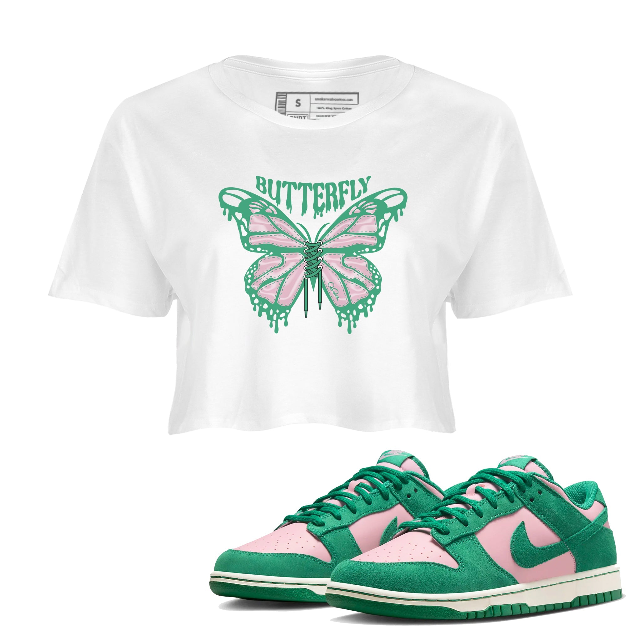Dunk Low Medium Soft Pink Malachite shirt to match jordans Butterfly sneaker tees Dunk Retro SE Medium Soft Pink Malachite Drip Gear Zone White 1 crop length shirt