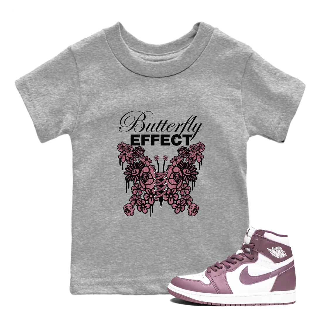 Air Jordan 1 Mauve shirt to match jordans Butterfly Effect sneaker tees AJ1 Mauve Drip Gear Zone Baby Toddler Heather Grey 1 T-Shirt
