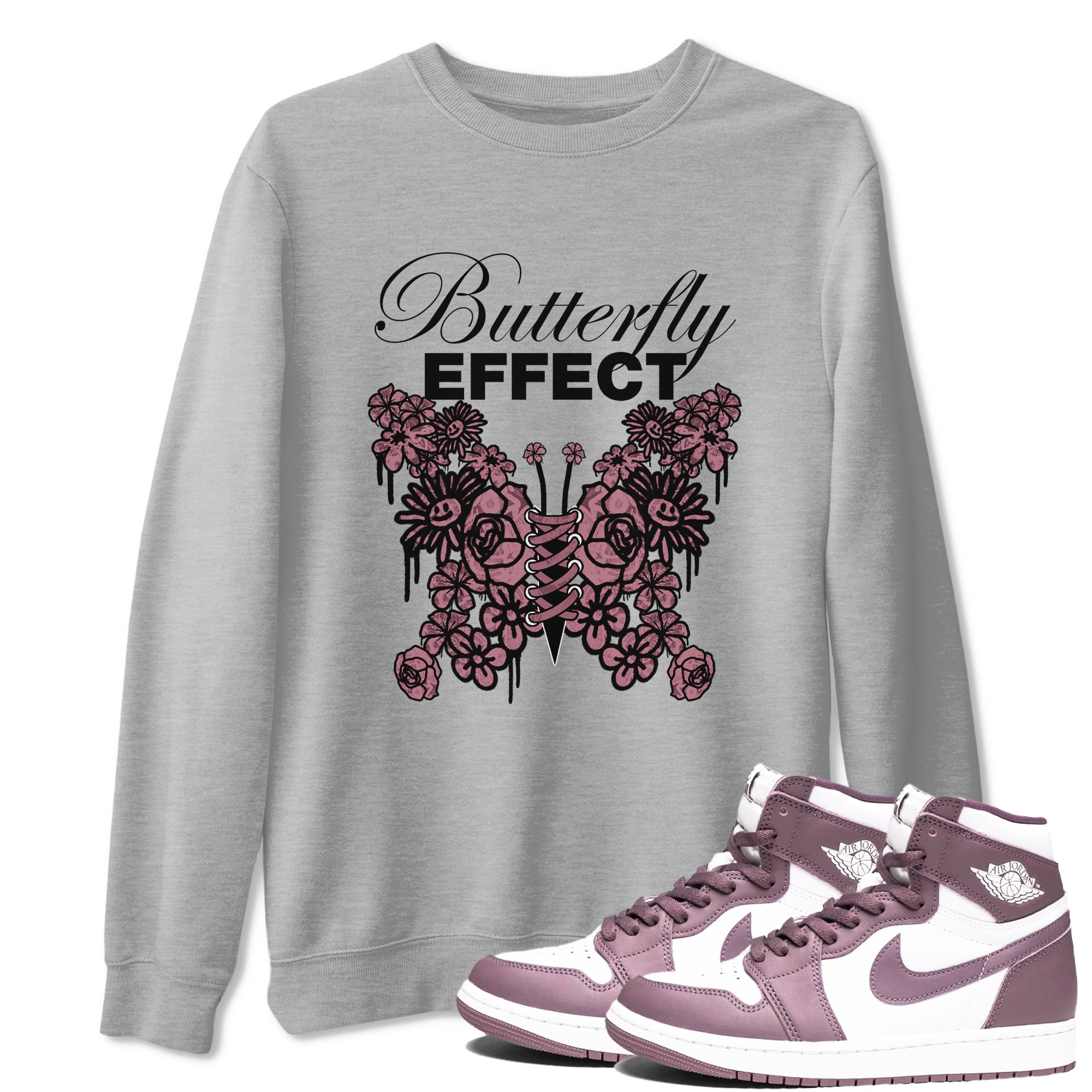 Air Jordan 1 Mauve shirt to match jordans Butterfly Effect sneaker tees AJ1 Mauve Drip Gear Zone Unisex Heather Grey 1 T-Shirt