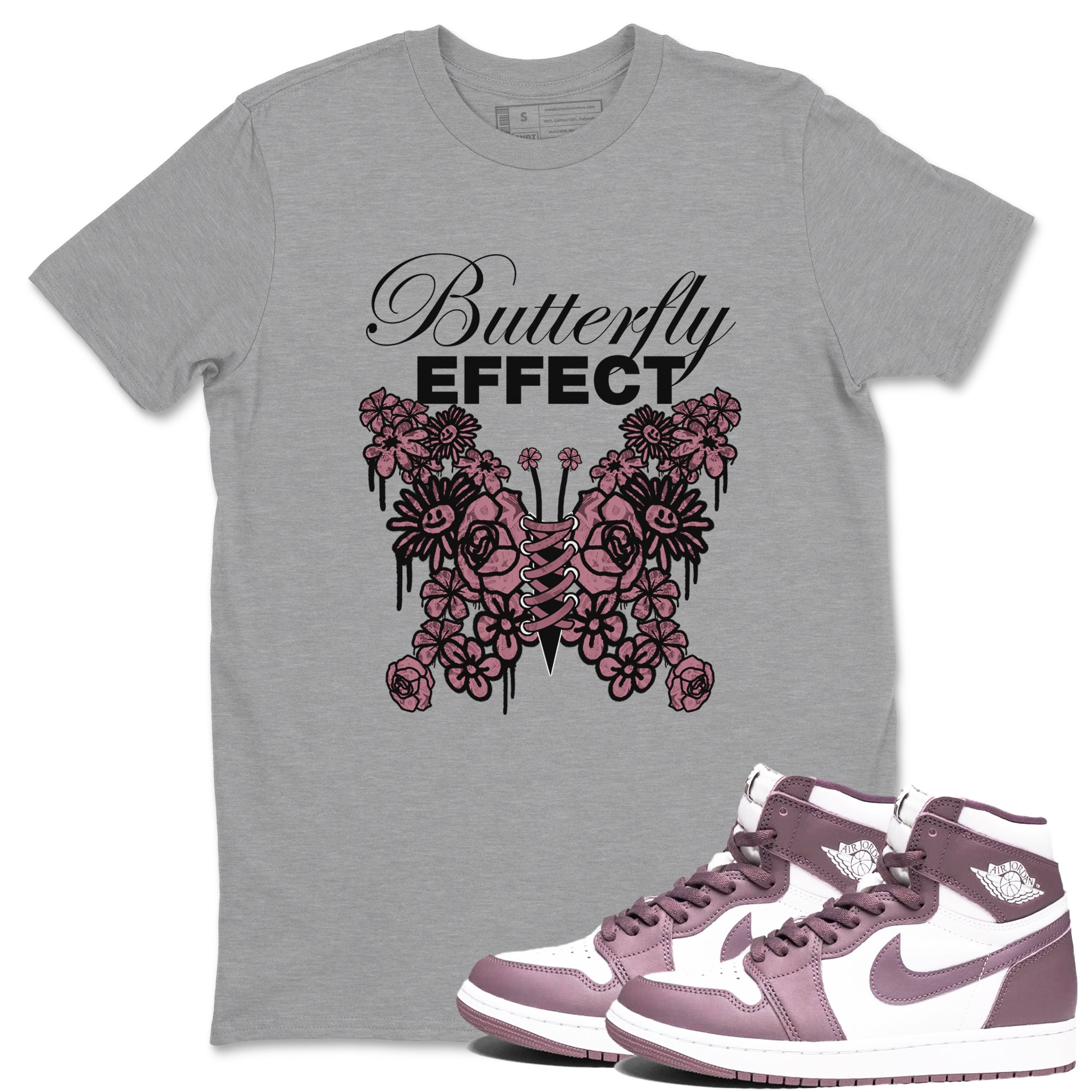 Air Jordan 1 Mauve shirt to match jordans Butterfly Effect sneaker tees AJ1 Mauve Drip Gear Zone Unisex Heather Grey 1 T-Shirt