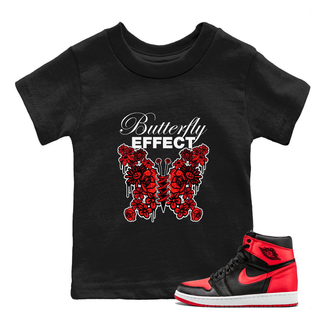 Air Jordan 1 Satin Bred shirt to match jordans Butterfly Effect sneaker tees AJ1 Satin Bred Drip Gear Zone Baby Toddler Black 1 T-Shirt