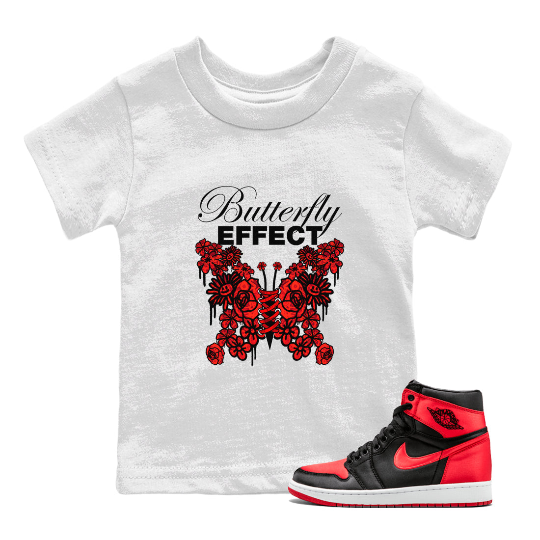 Air Jordan 1 Satin Bred shirt to match jordans Butterfly Effect sneaker tees AJ1 Satin Bred Drip Gear Zone Baby Toddler White 1 T-Shirt