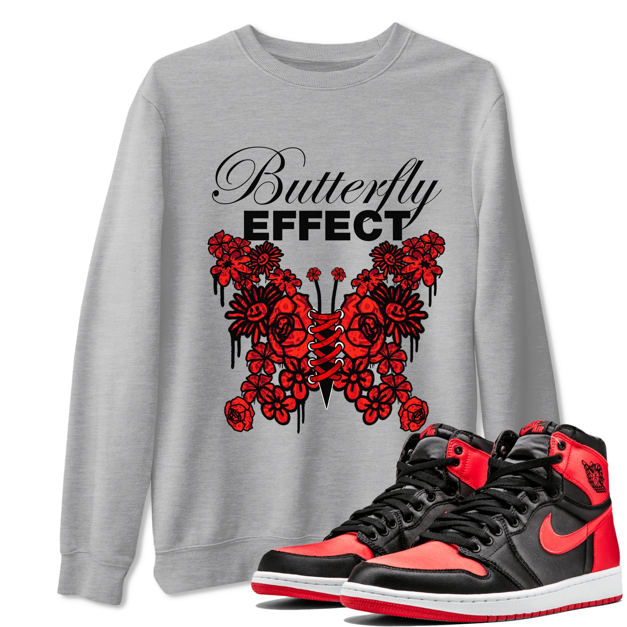 Air Jordan 1 Satin Bred shirt to match jordans Butterfly Effect sneaker tees AJ1 Satin Bred Drip Gear Zone Unisex Heather Grey 1 T-Shirt