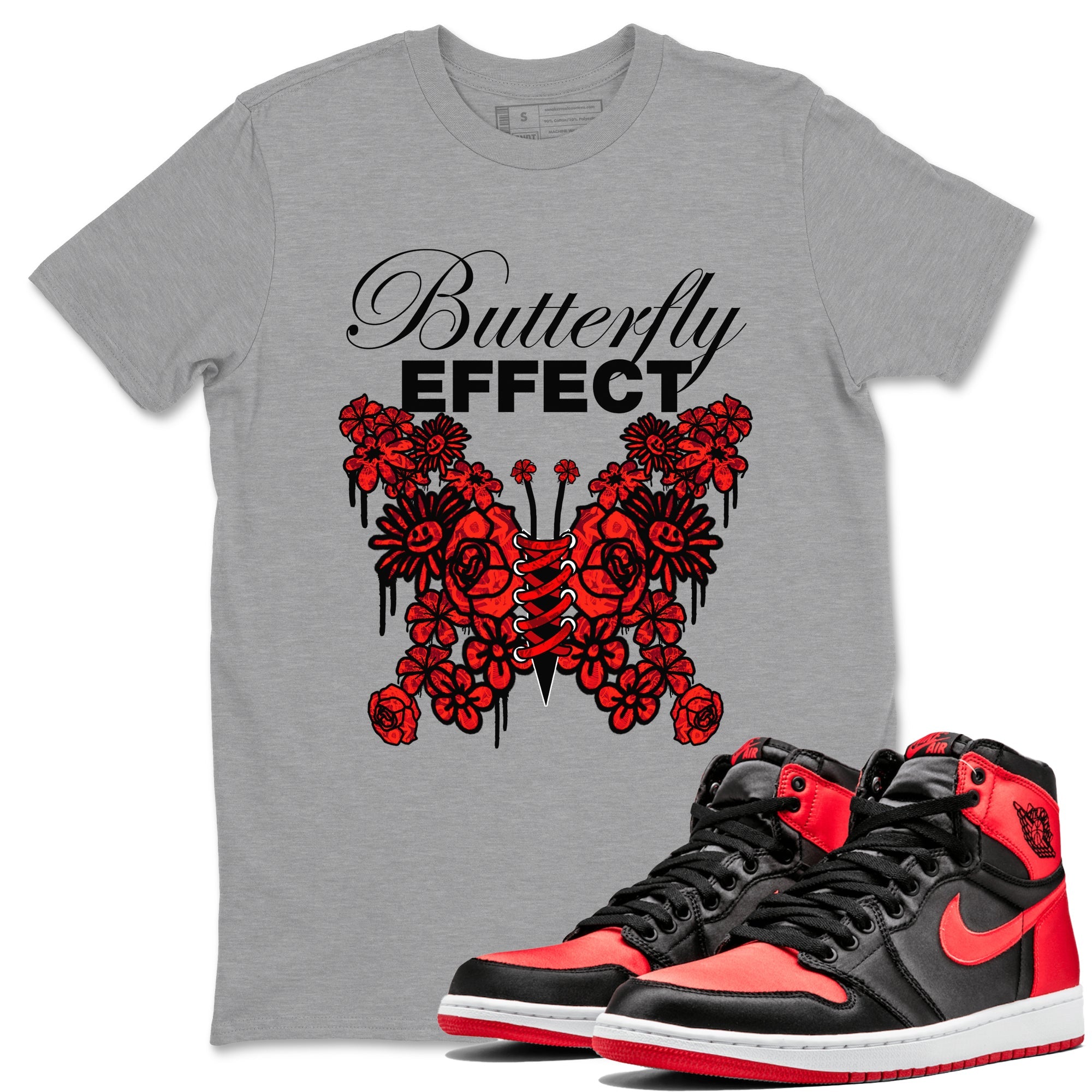 Air Jordan 1 Satin Bred shirt to match jordans Butterfly Effect sneaker tees AJ1 Satin Bred Drip Gear Zone Unisex Heather Grey 1 T-Shirt