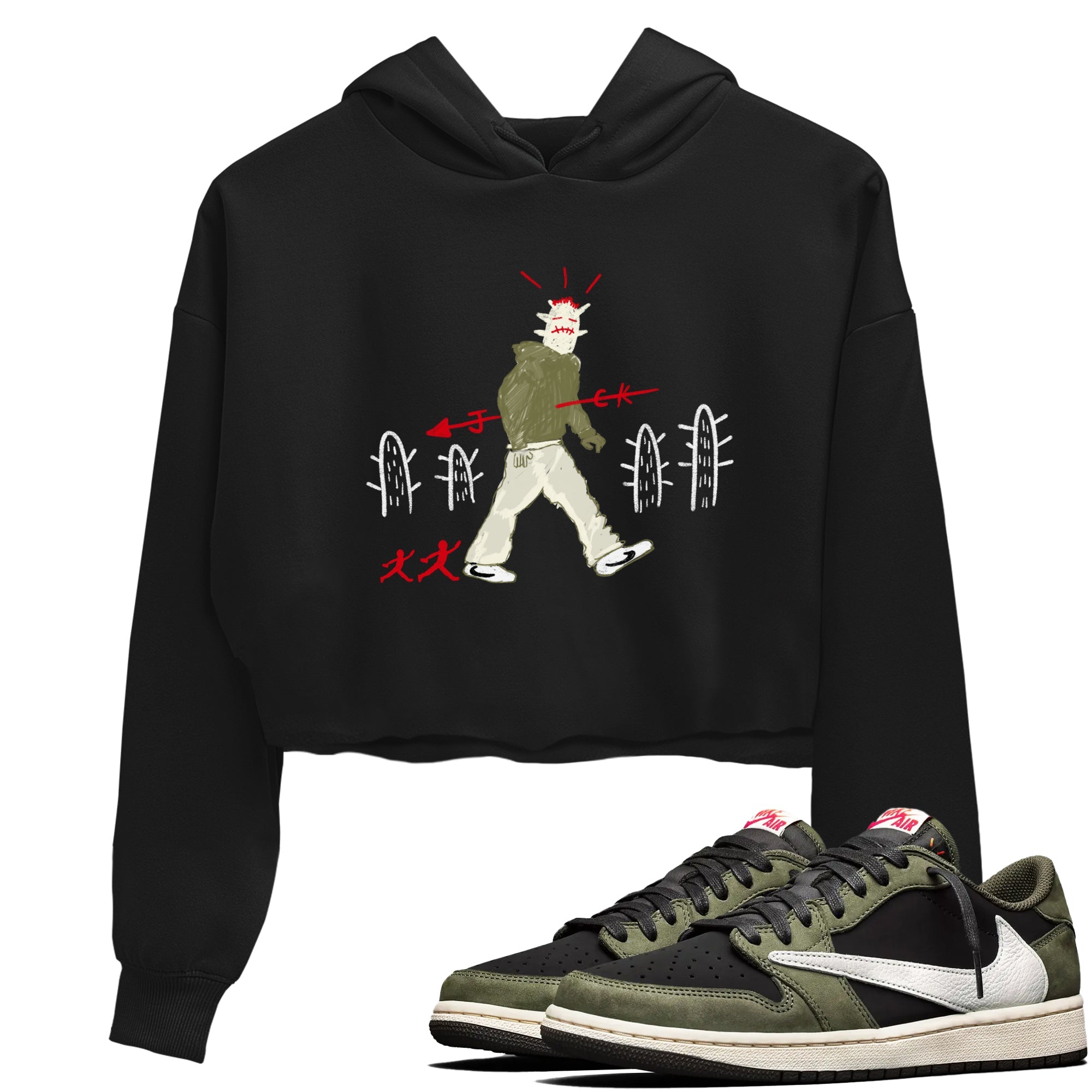1s Travis Scott Black Olive shirts to match jordans Cactus Man sneaker match tees Air Jordan 1 Travis Scott Black Olive Drip Gear Zone streetwear brand Black 1 crop tee